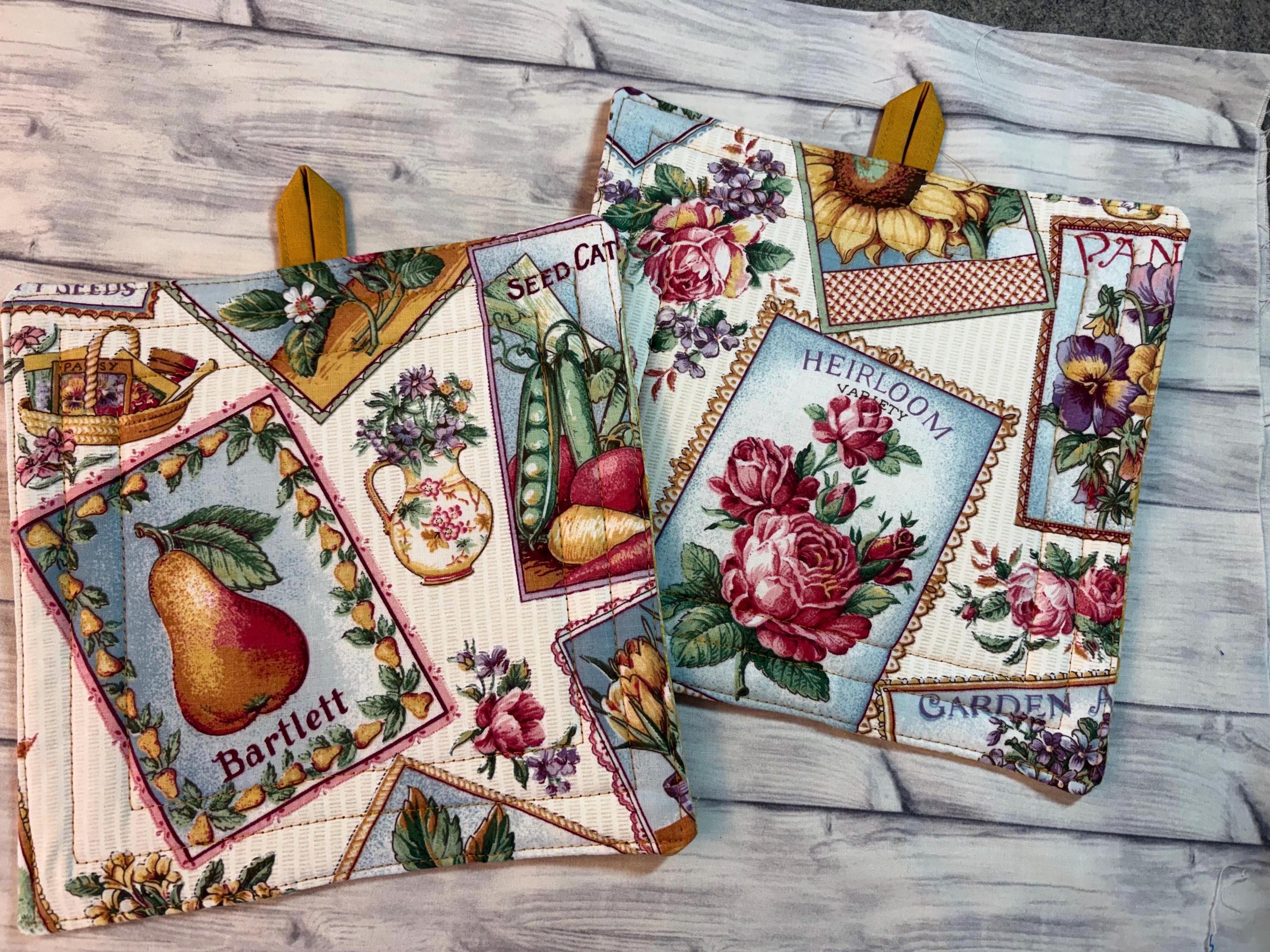 Pair of Vintage style seed pack label potholders, 8.25” homemade quilted view 5