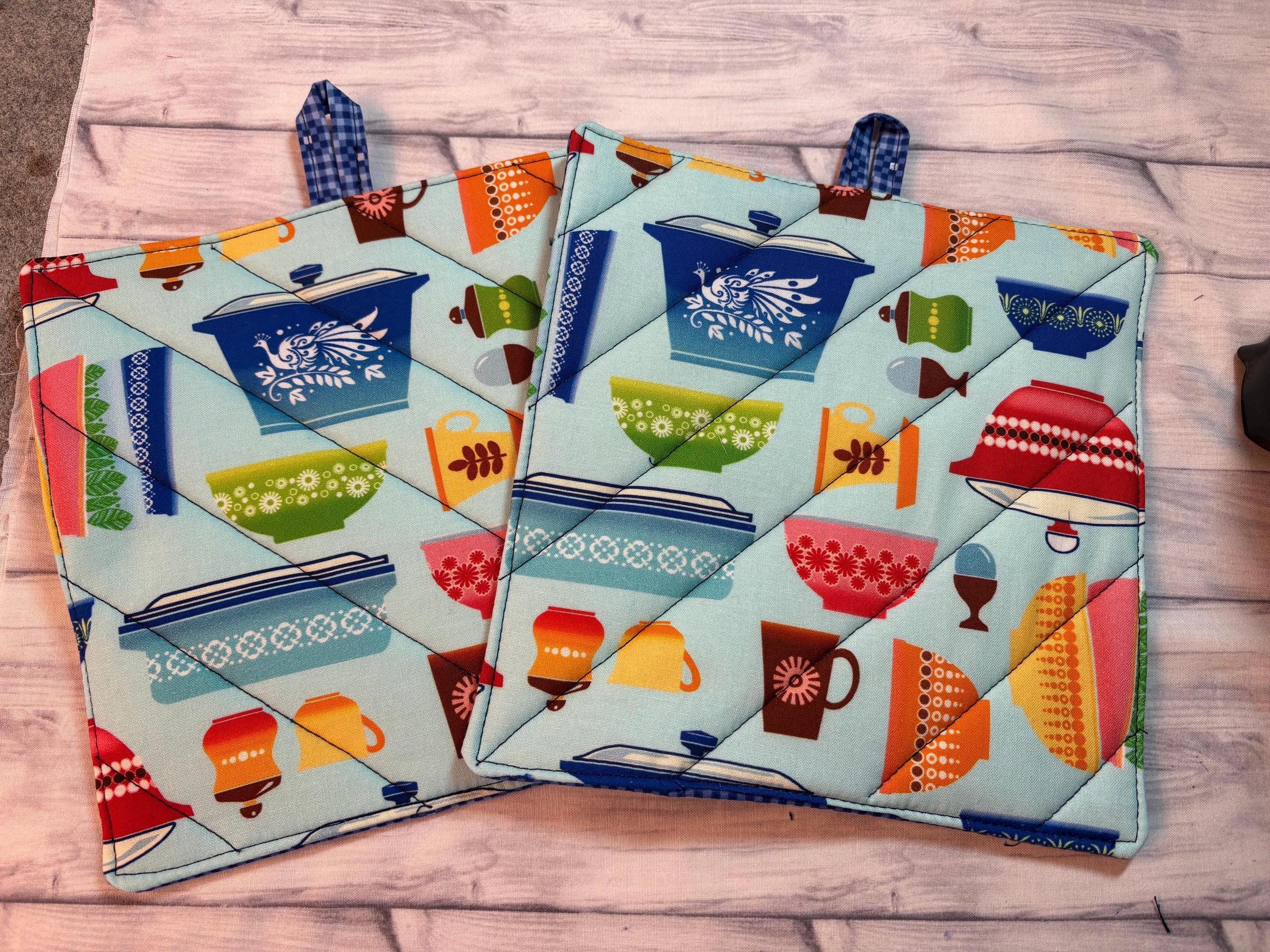 Pair of Retro Pyrex potholders, 8” homemade quilted