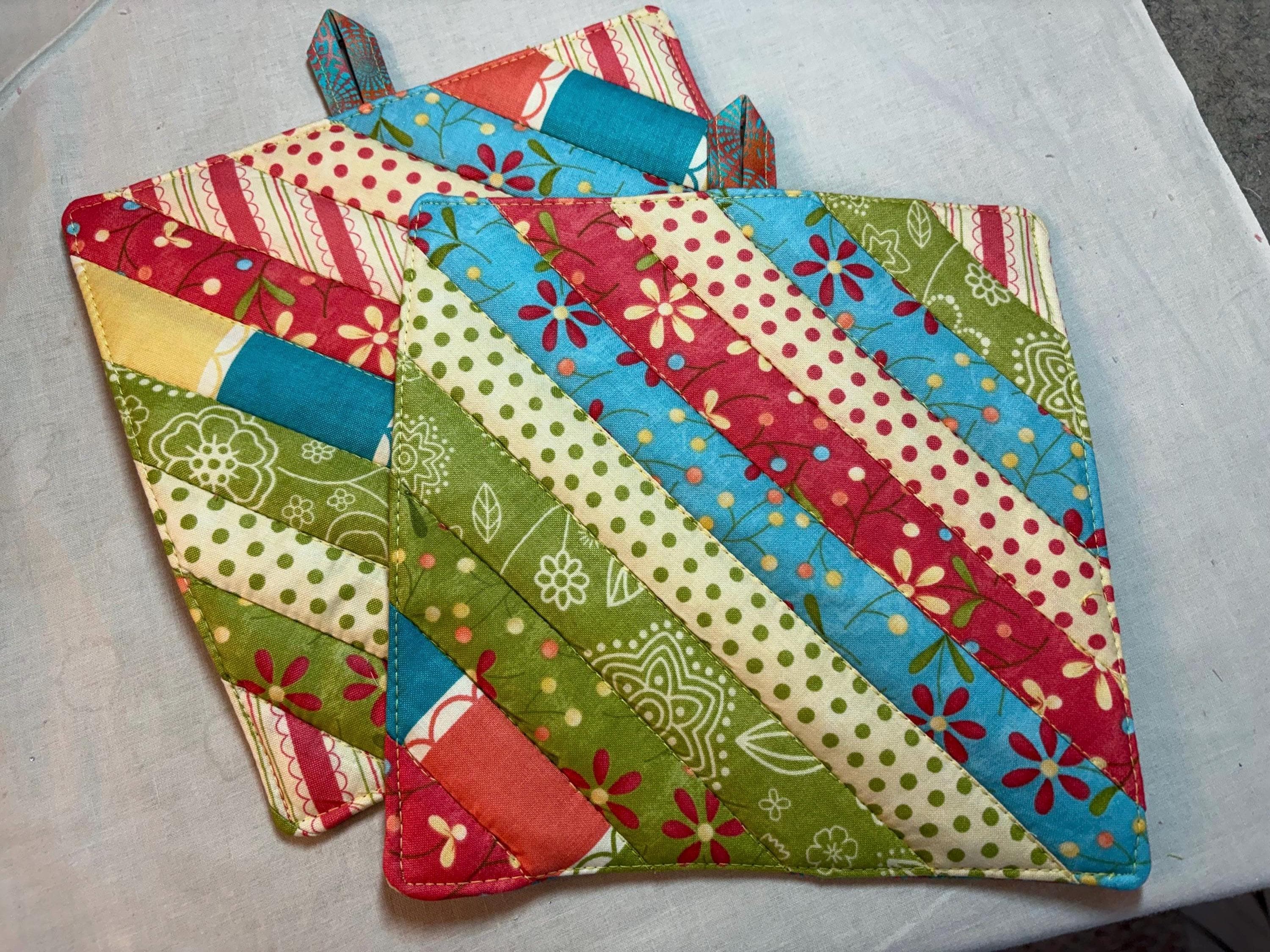 Pair modern potholders, 8” homemade quilted gift