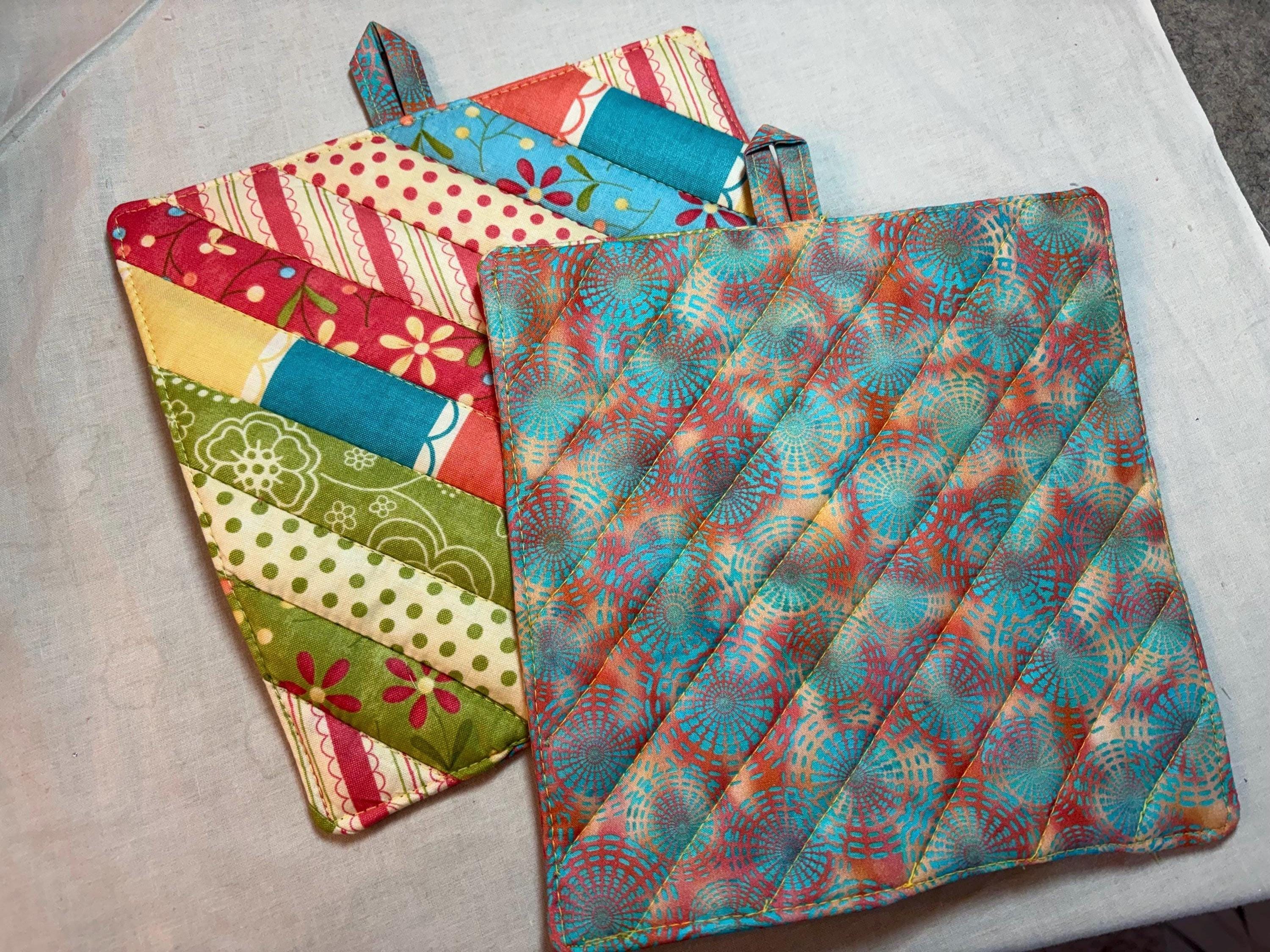 Pair modern potholders, 8” homemade quilted gift view 2