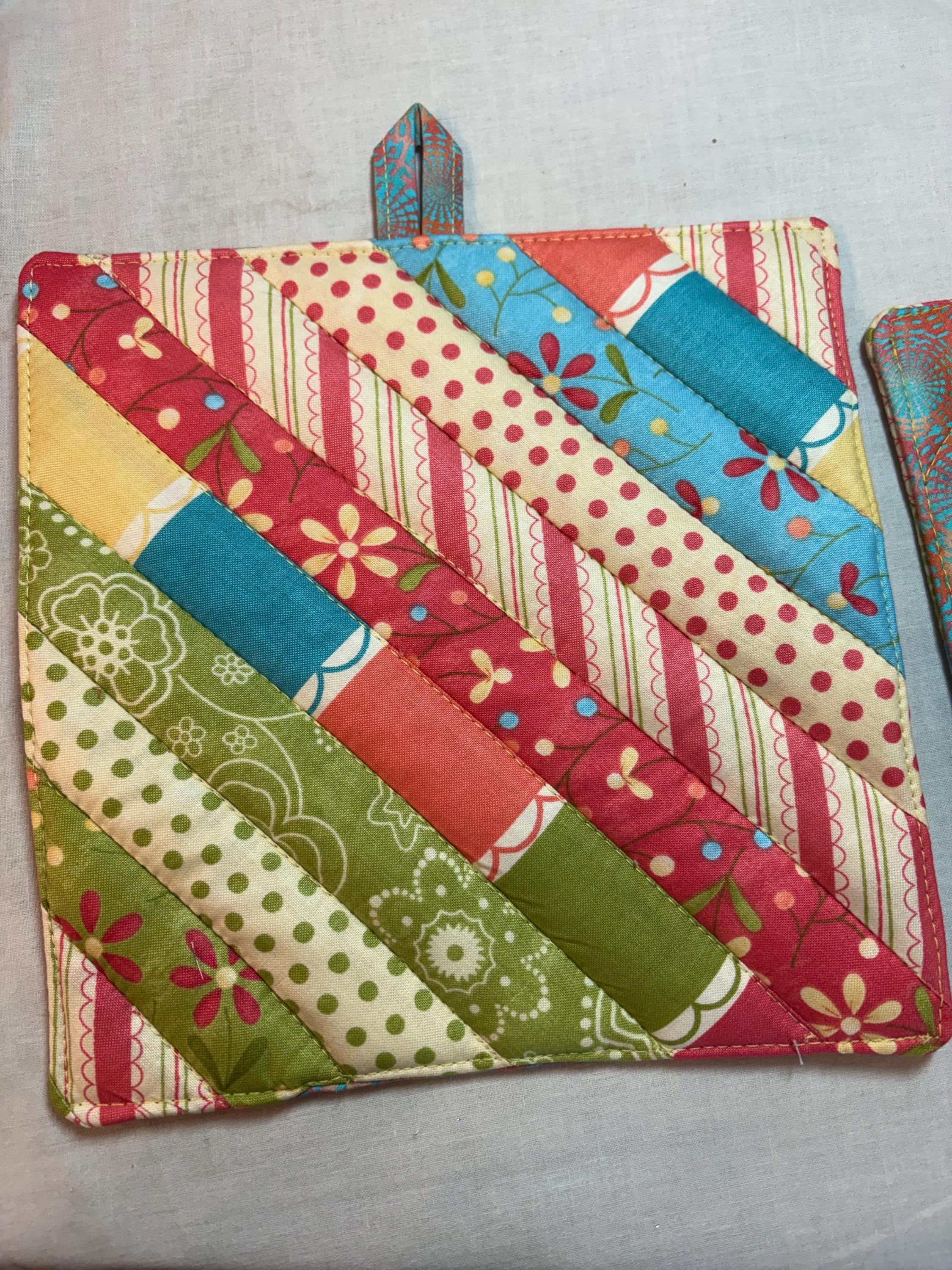 Pair modern potholders, 8” homemade quilted gift view 3