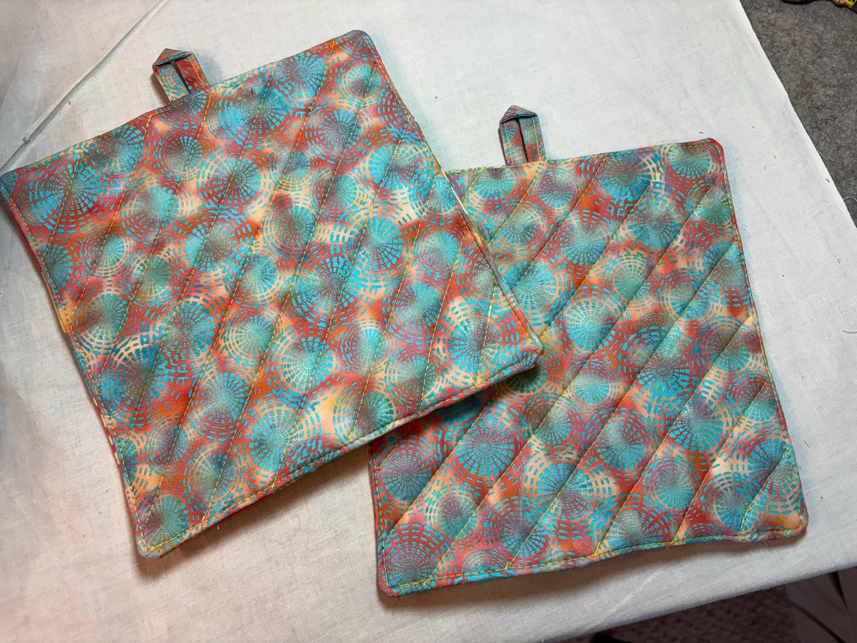 Pair modern potholders, 8” homemade quilted gift view 4