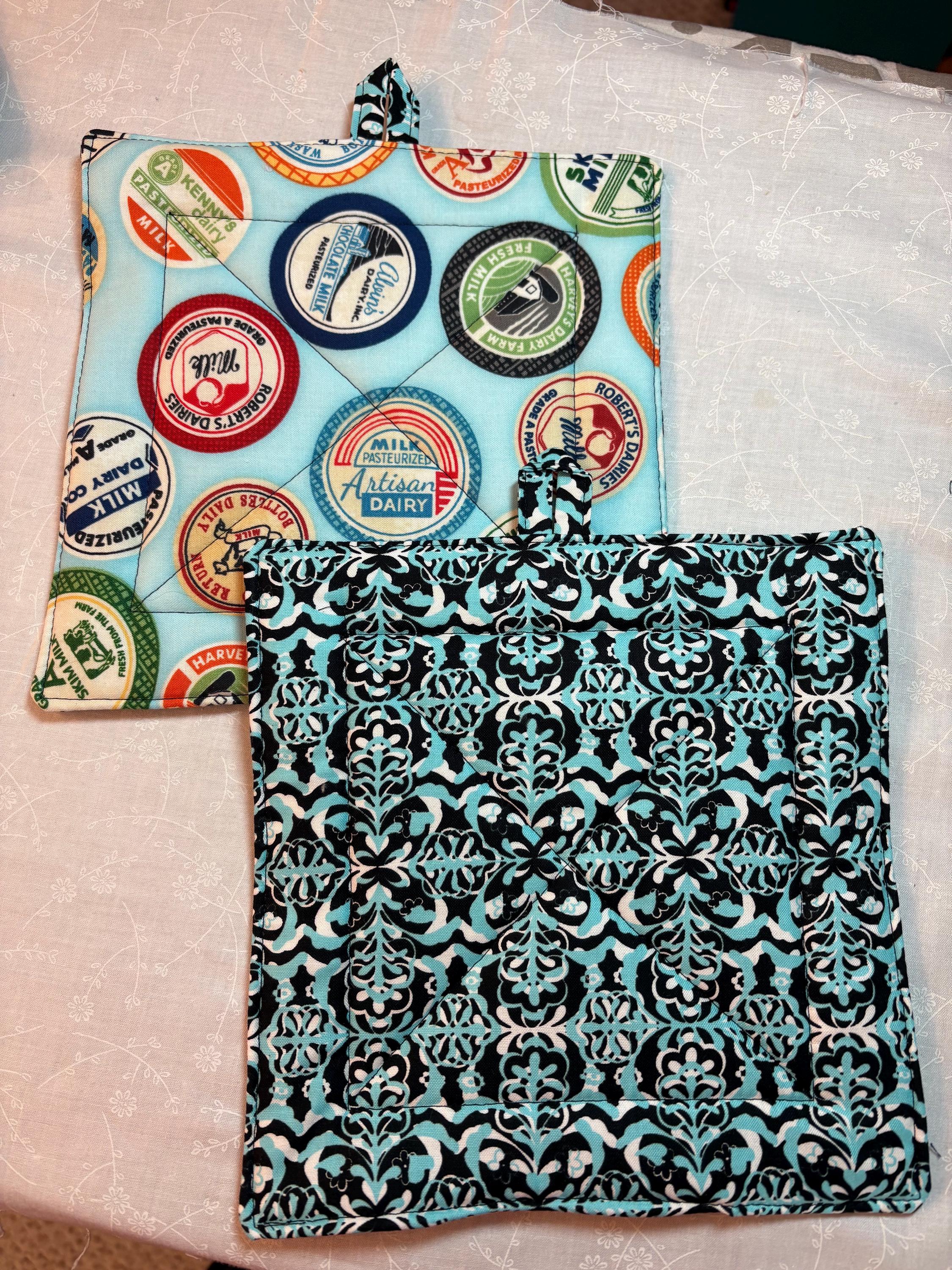 Kitchen Foodie Chef homemade gift Pair of milk cap potholders, 8.25” quilted view 2