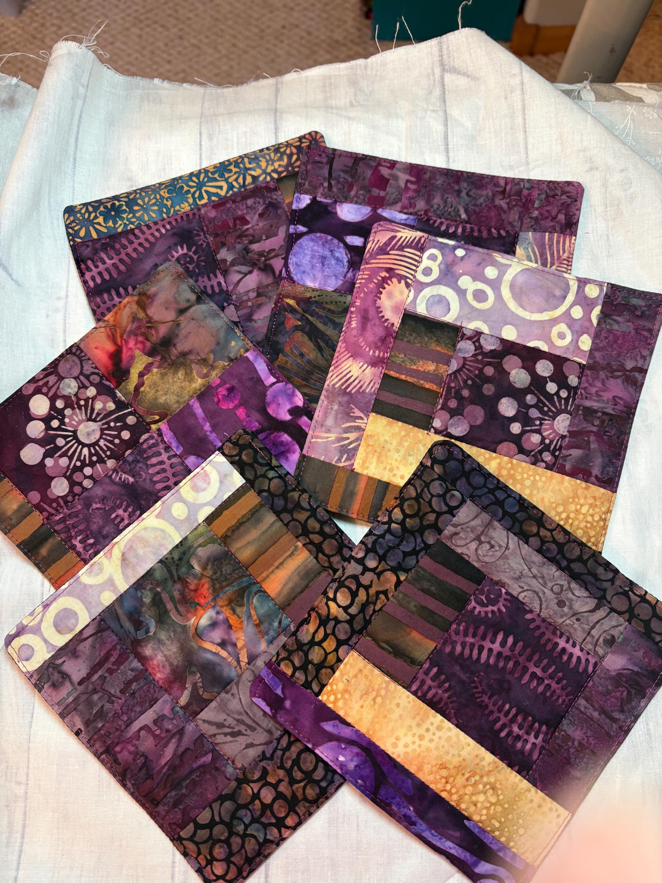 Homemade gift Set of 6 mug rug coasters purple scrappy batik