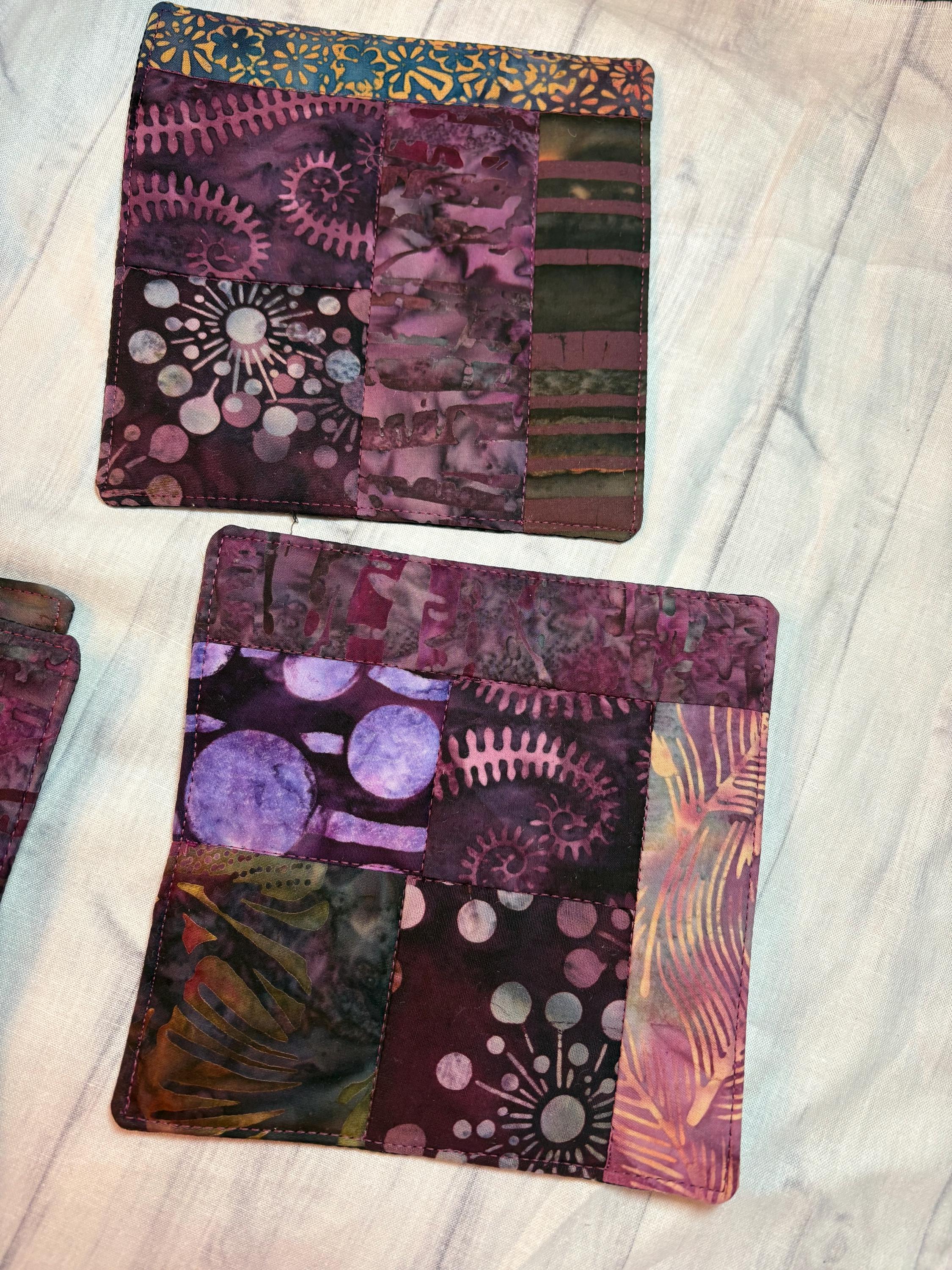 Homemade gift Set of 6 mug rug coasters purple scrappy batik view 2