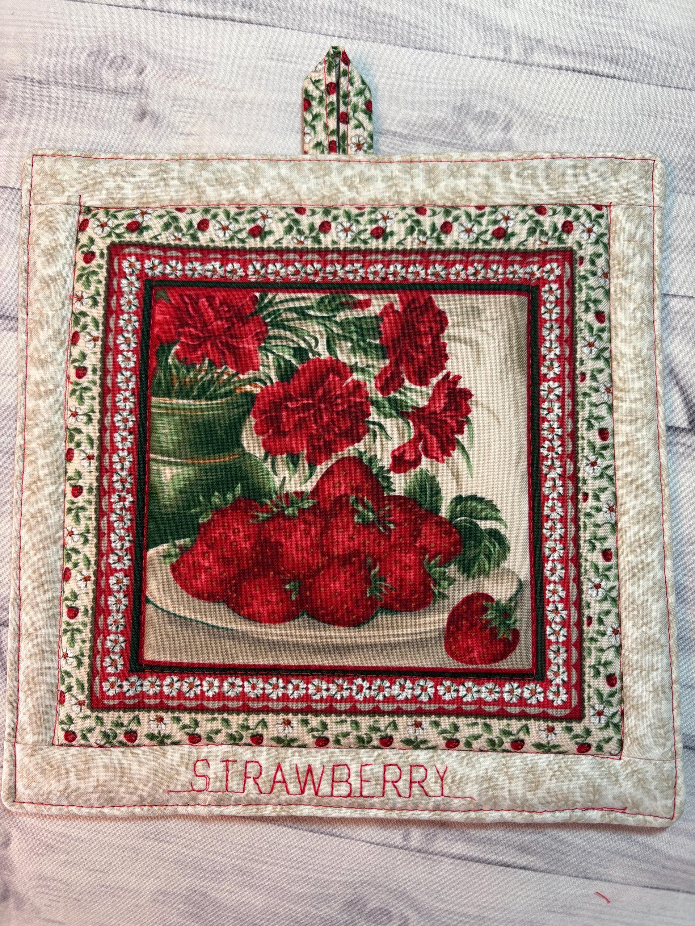 Single Strawberry potholder, 8.25” homemade quilted