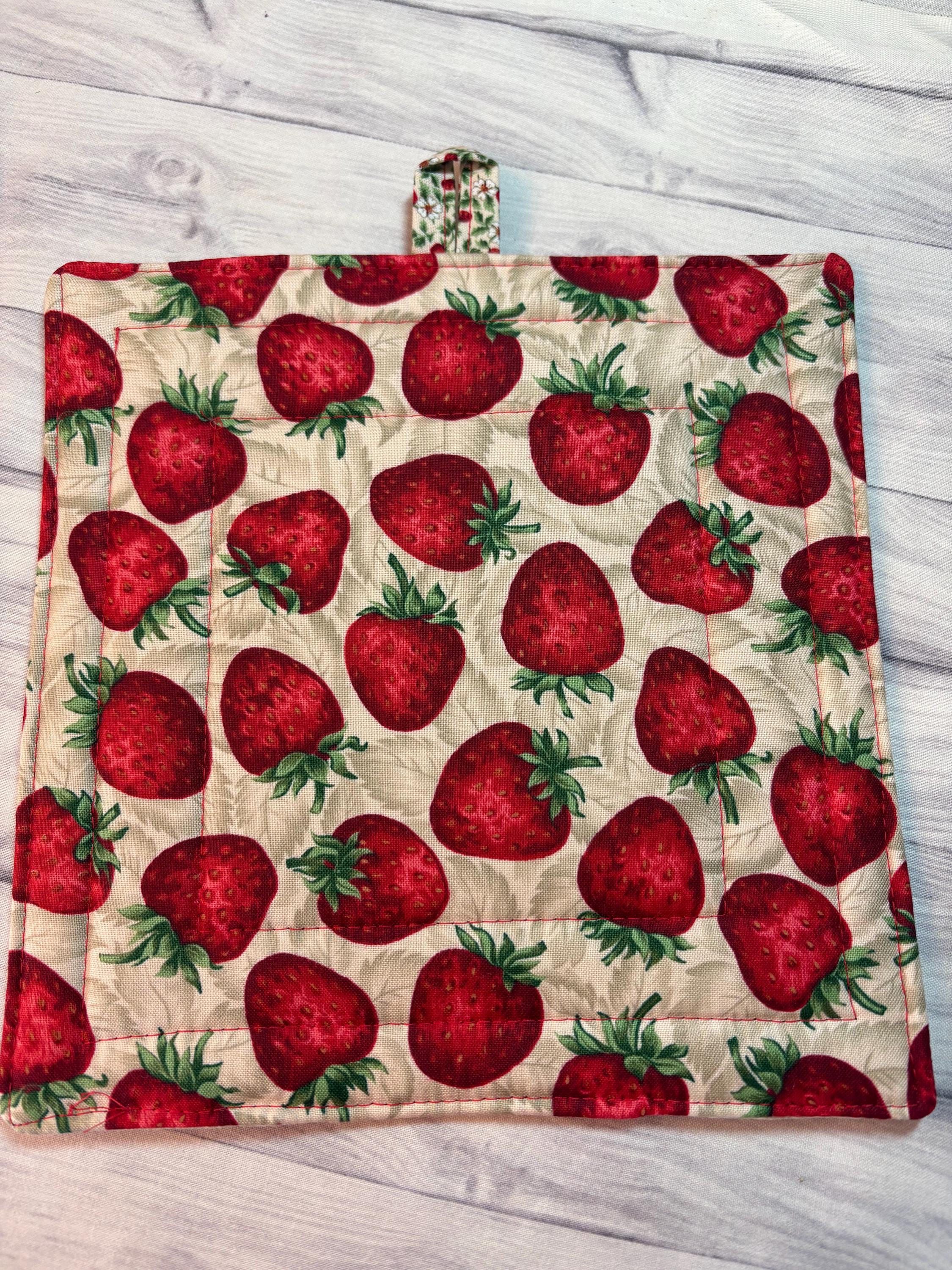 Single Strawberry potholder, 8.25” homemade quilted view 2