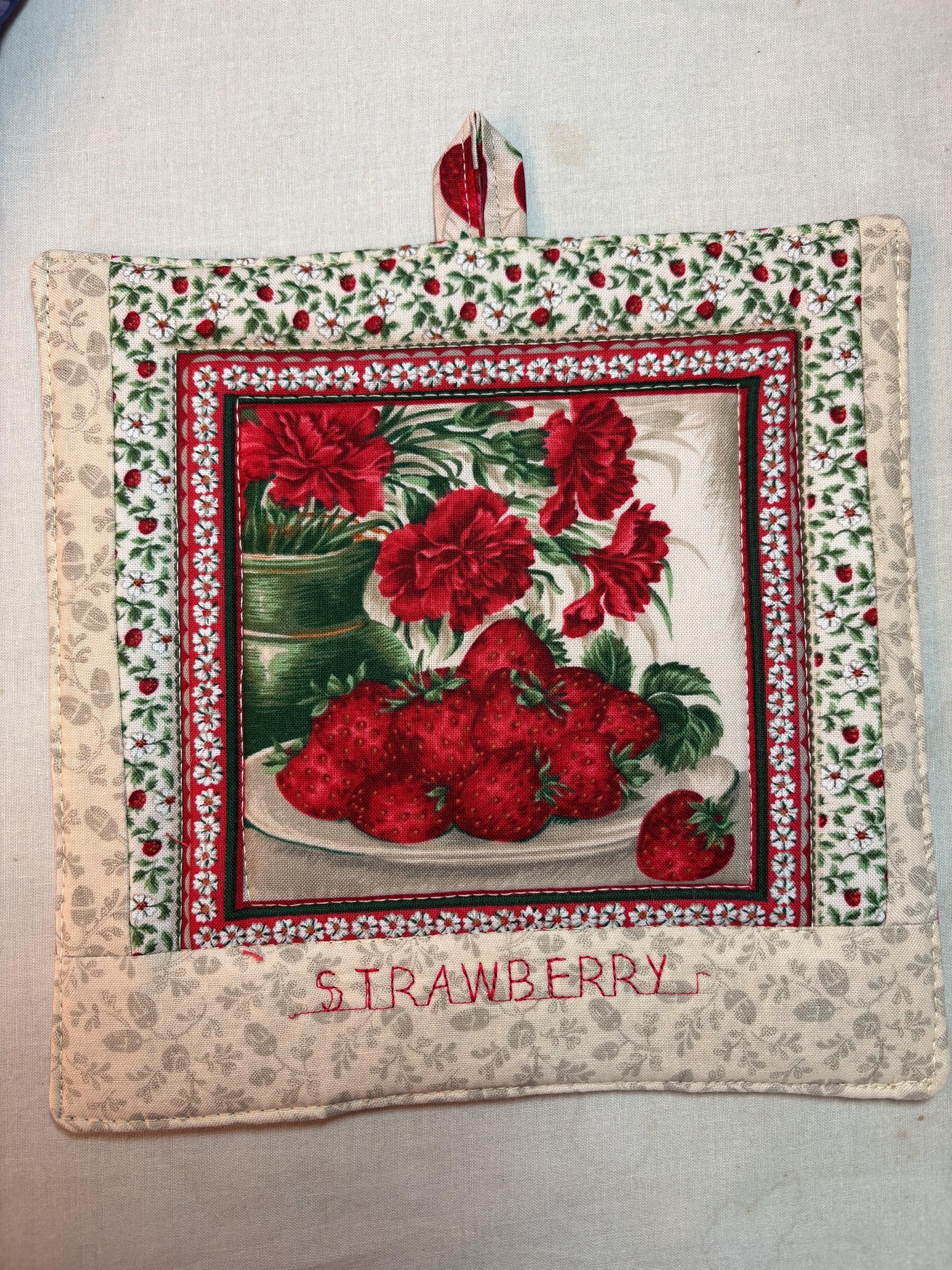 Single Strawberry potholder, 8.25” homemade quilted view 4