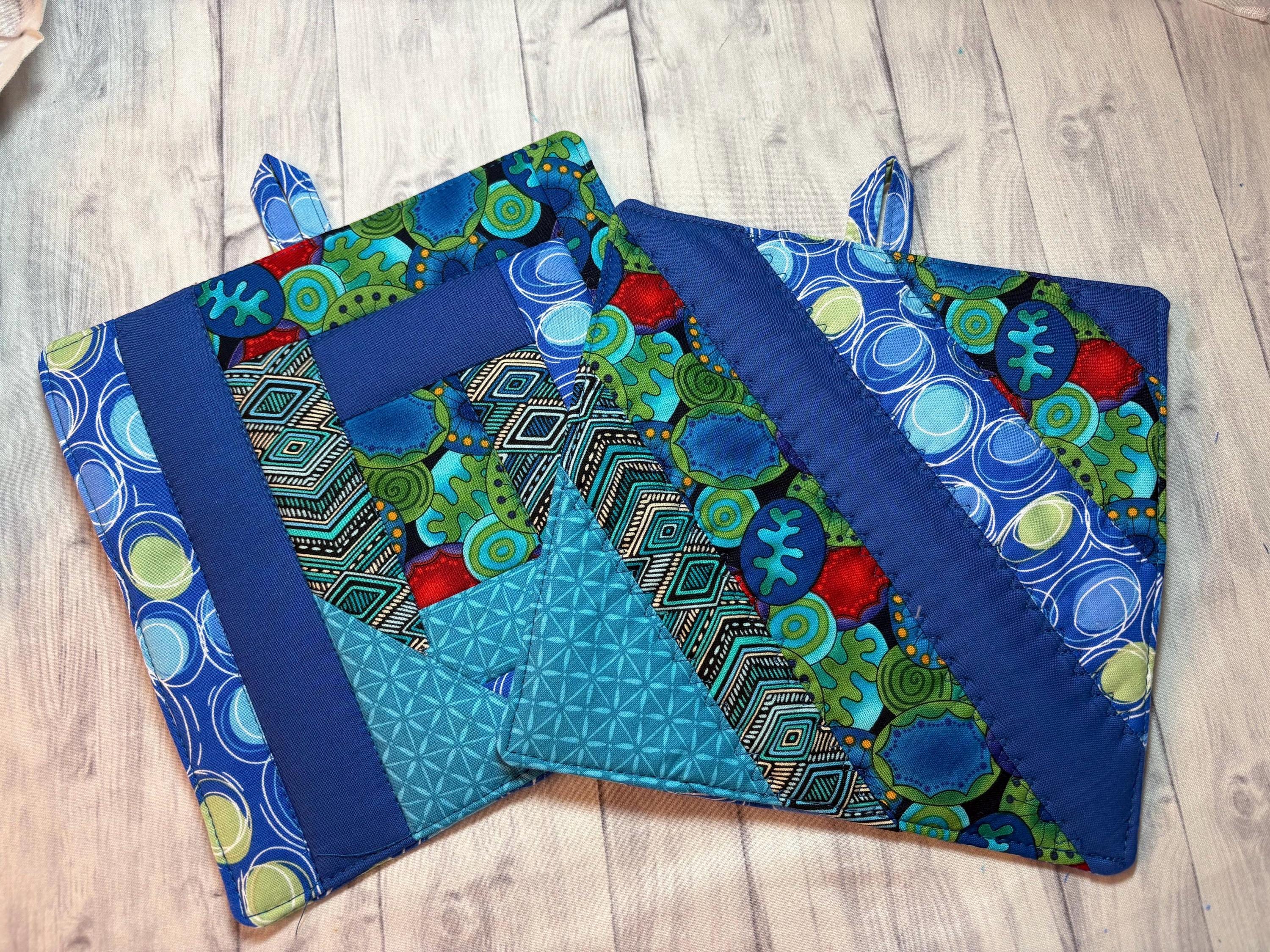 Kitchen Foodie Chef Homemade Gift Pair Scrappy blue potholders 8.25” quilted
