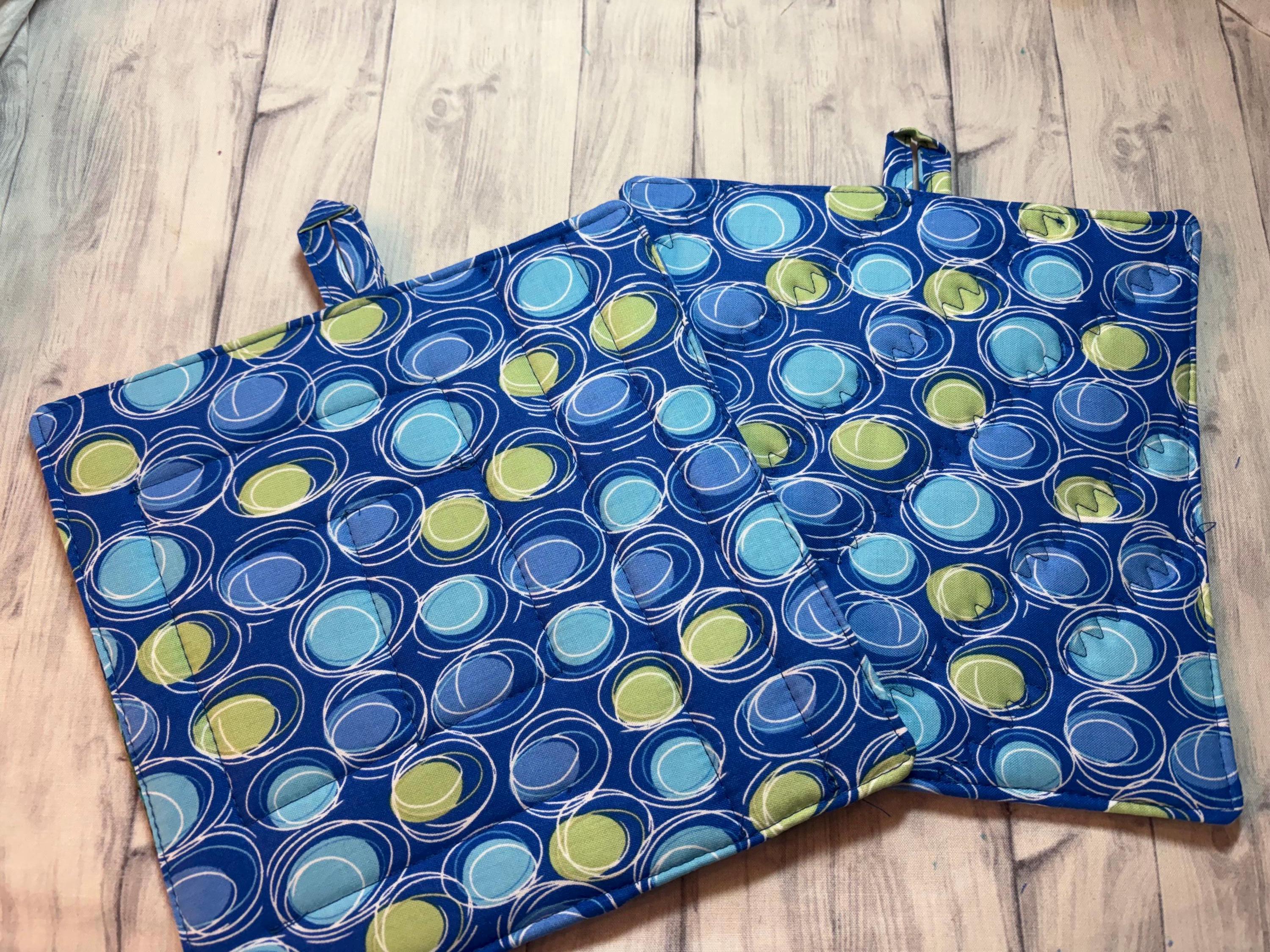 Kitchen Foodie Chef Homemade Gift Pair Scrappy blue potholders 8.25” quilted view 2