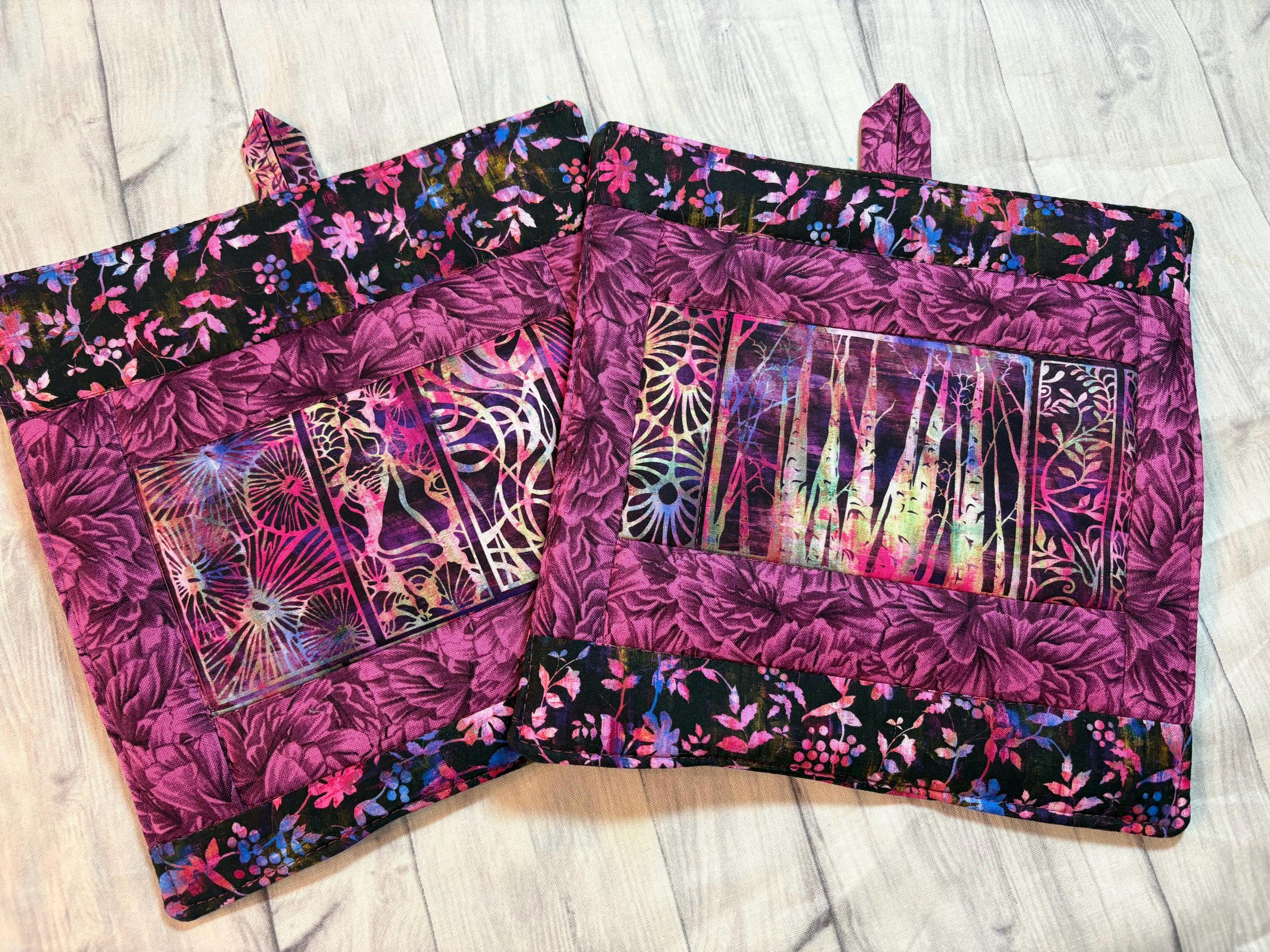 Pair nature inspired purple potholders, 8” homemade quilted gift