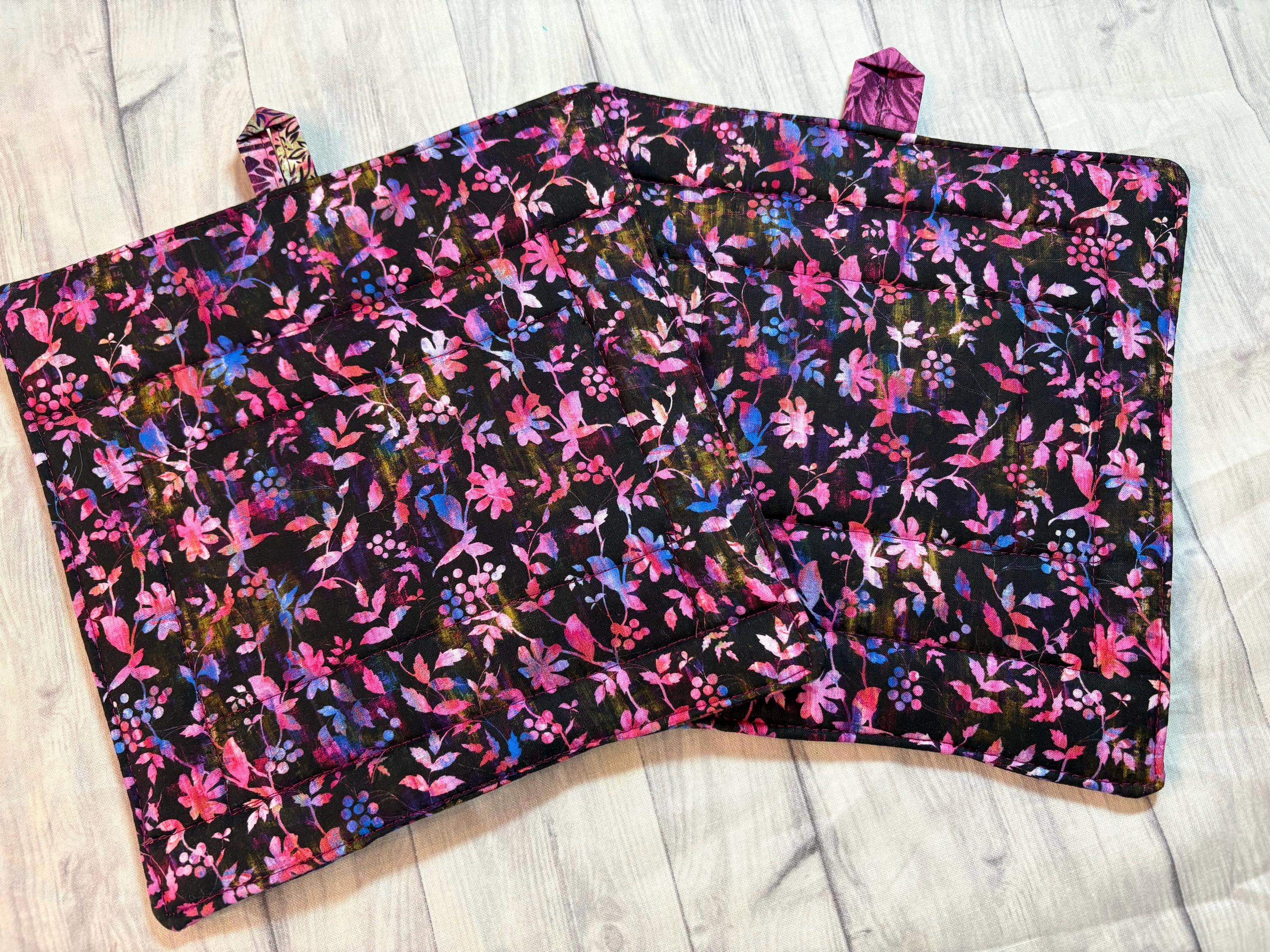 Pair nature inspired purple potholders, 8” homemade quilted gift view 2