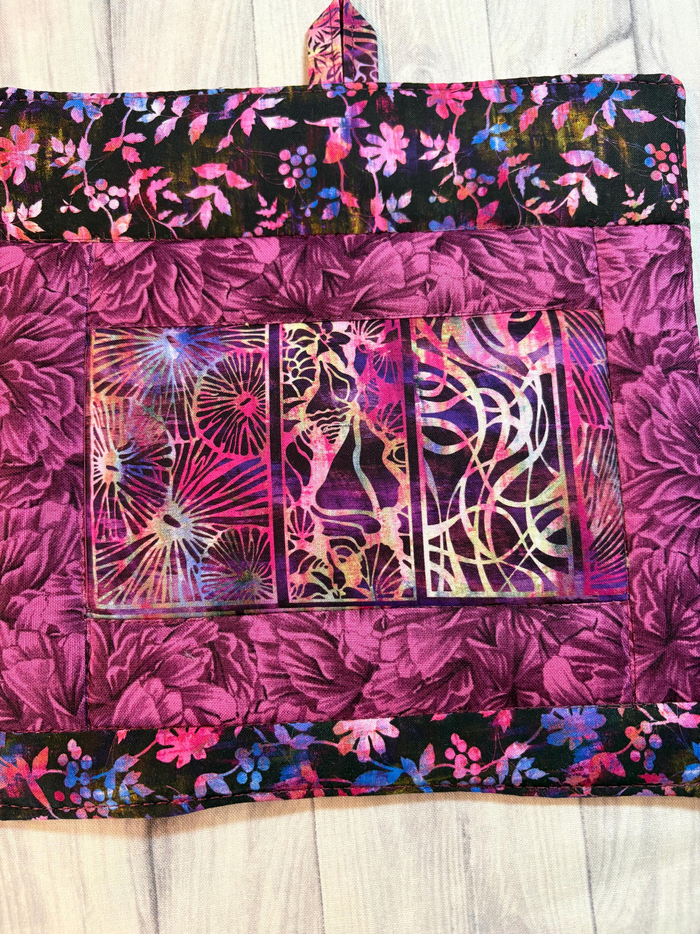 Pair nature inspired purple potholders, 8” homemade quilted gift view 3