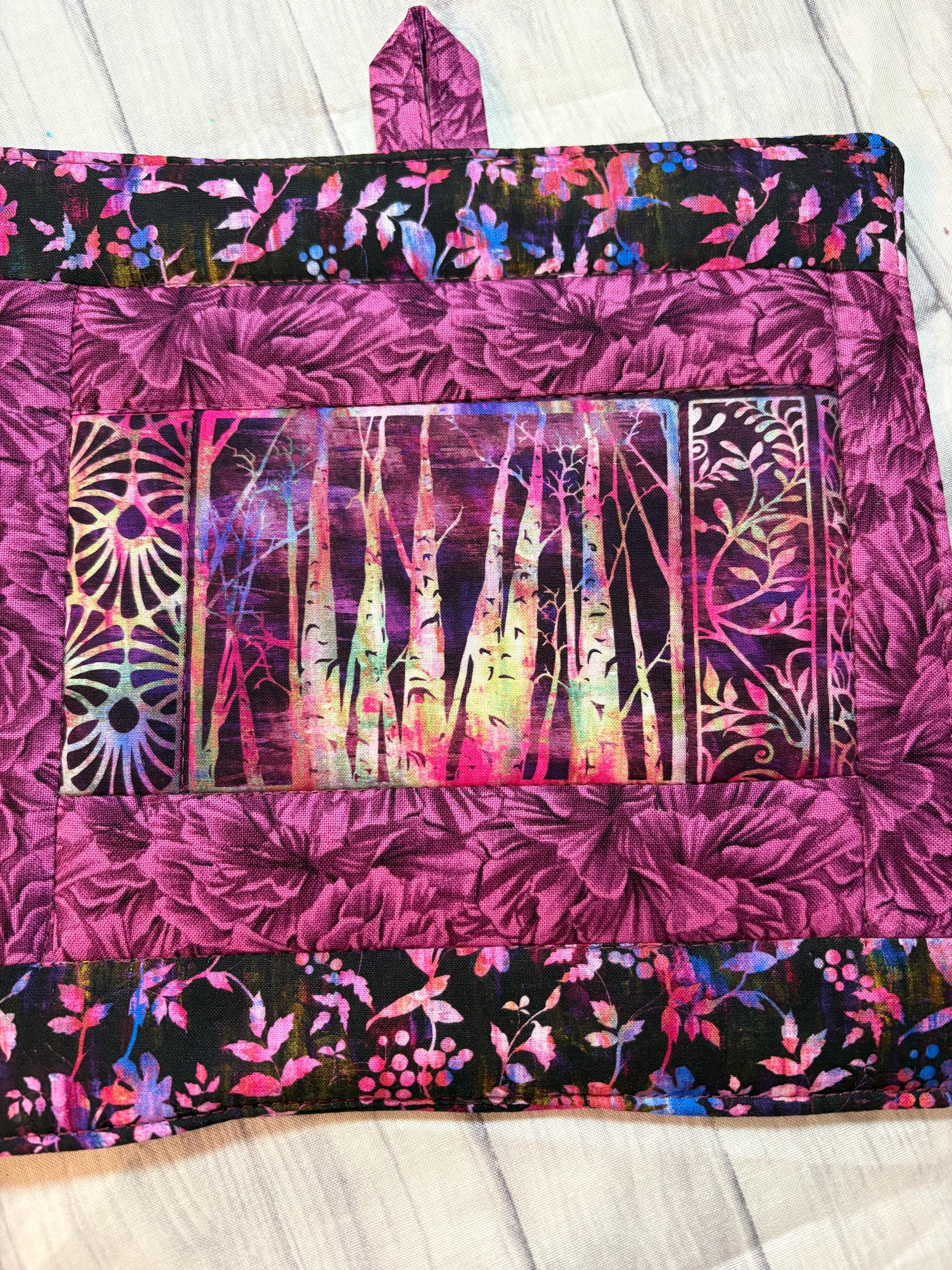 Pair nature inspired purple potholders, 8” homemade quilted gift view 4