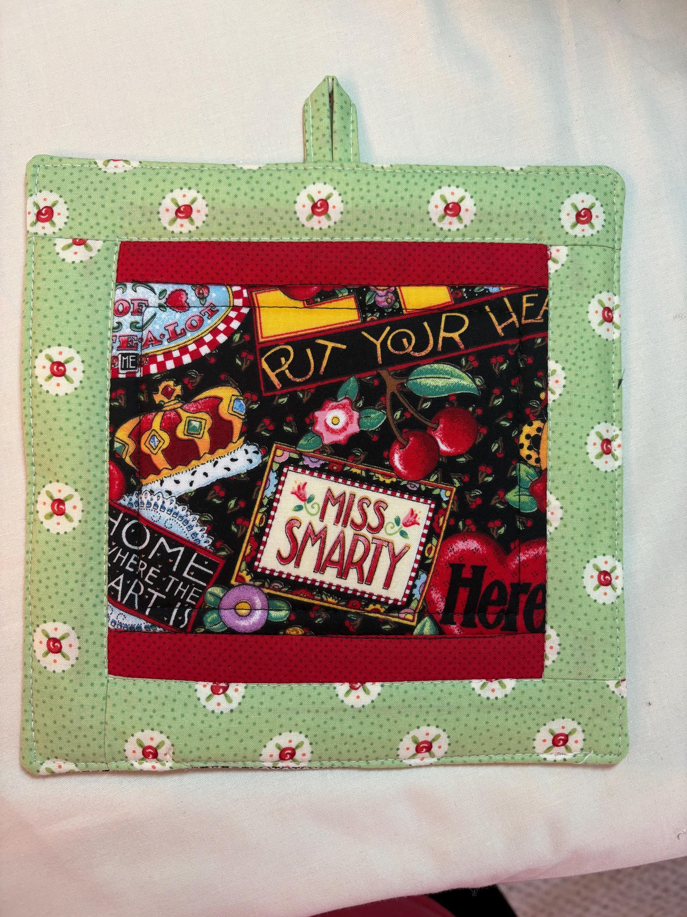 Single Mary Engelbreit potholder, 8” homemade quilted