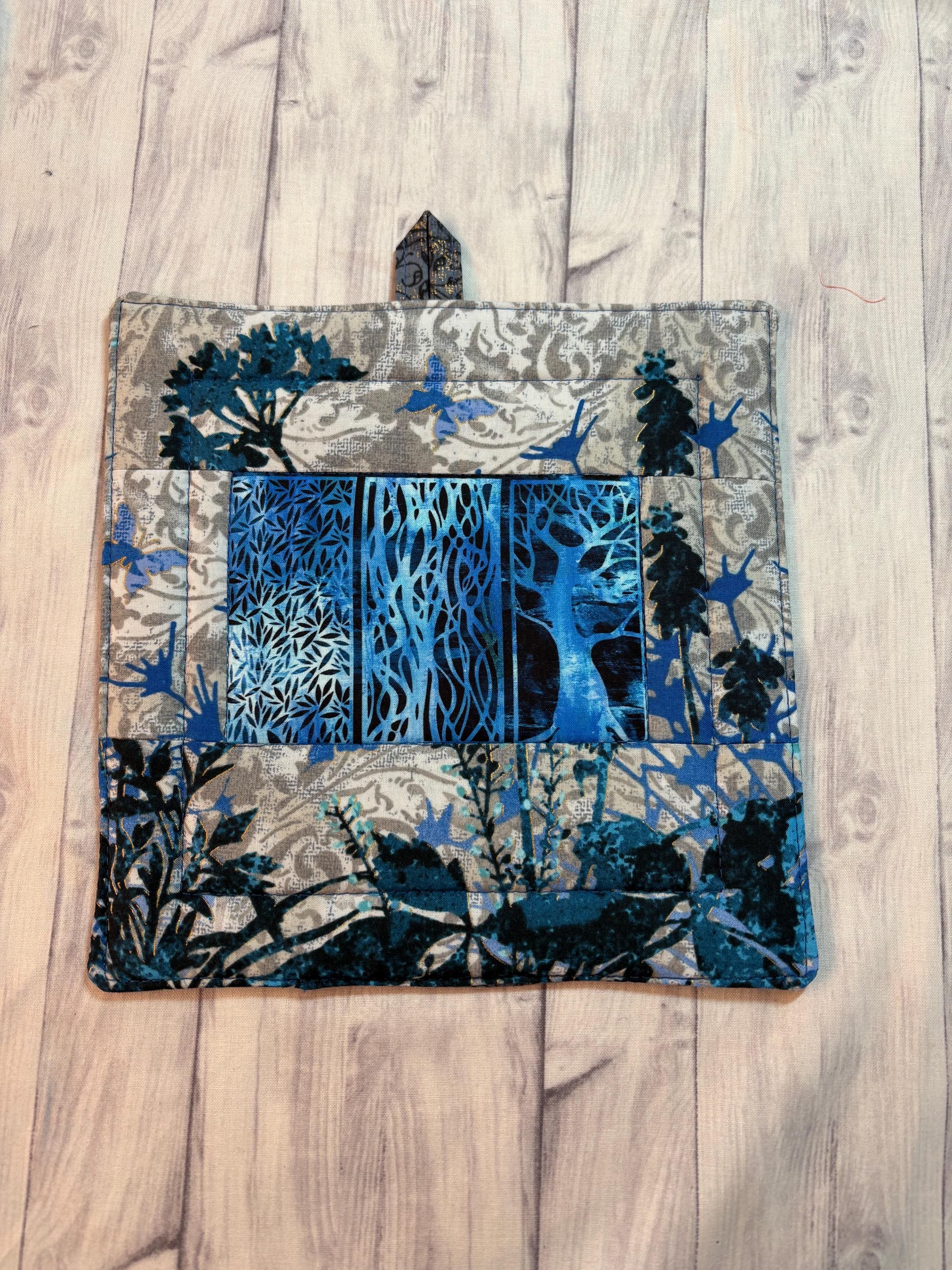 Pair nature inspired blue potholders, 8.25” homemade quilted gift