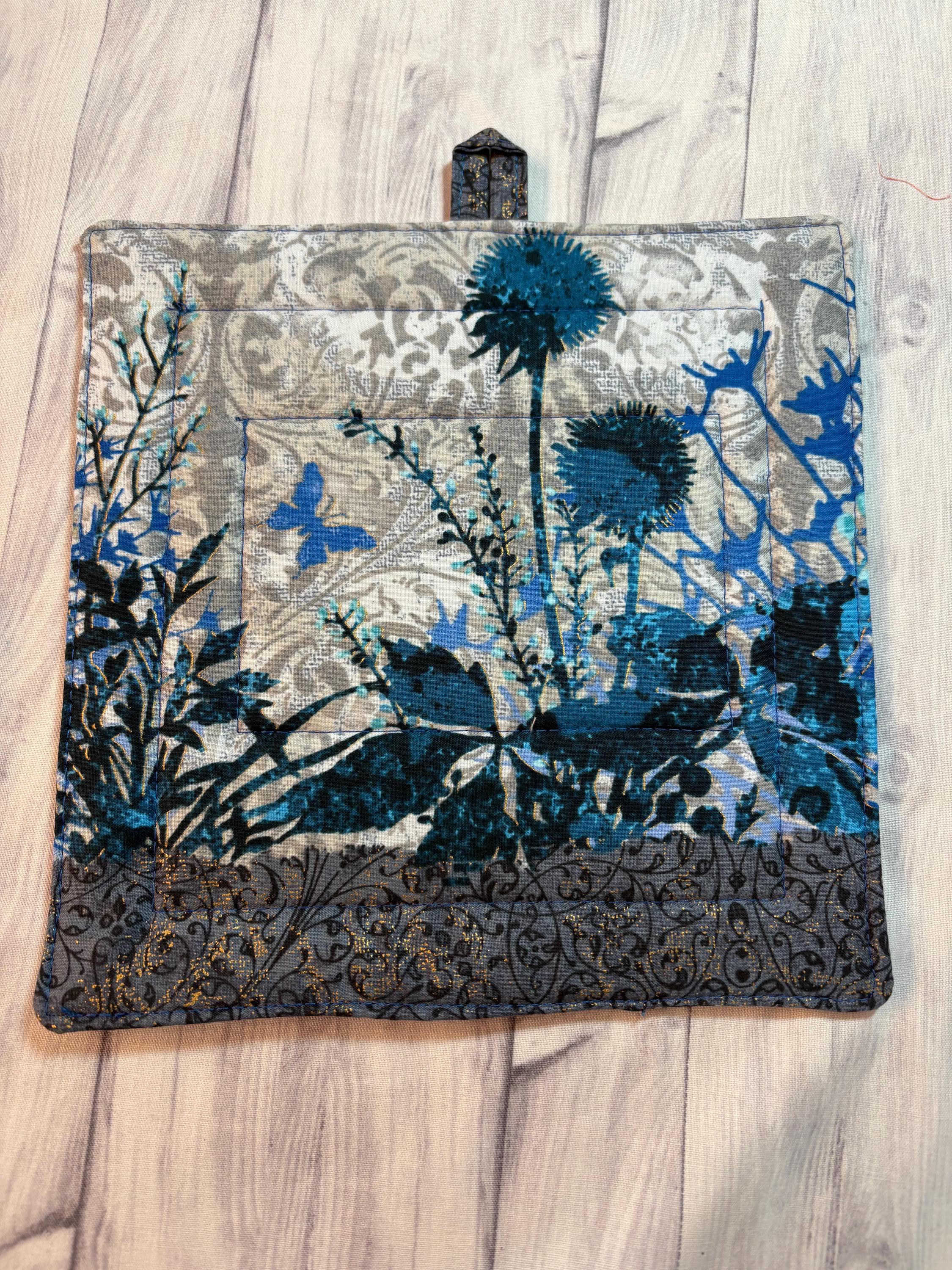 Pair nature inspired blue potholders, 8.25” homemade quilted gift view 2