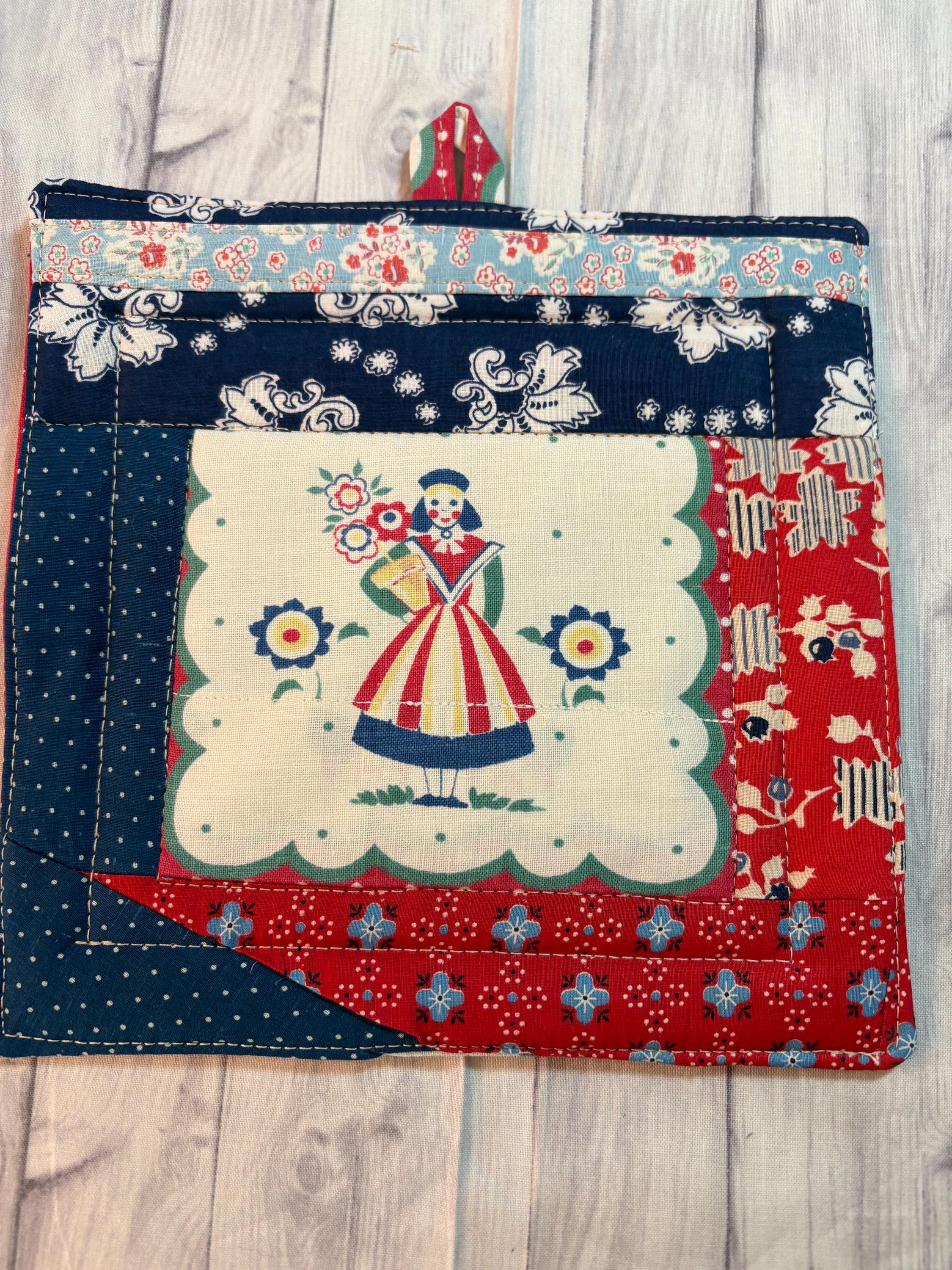 Pair (2) of Vintage upcycled fabric potholders, 8.25” homemade quilted