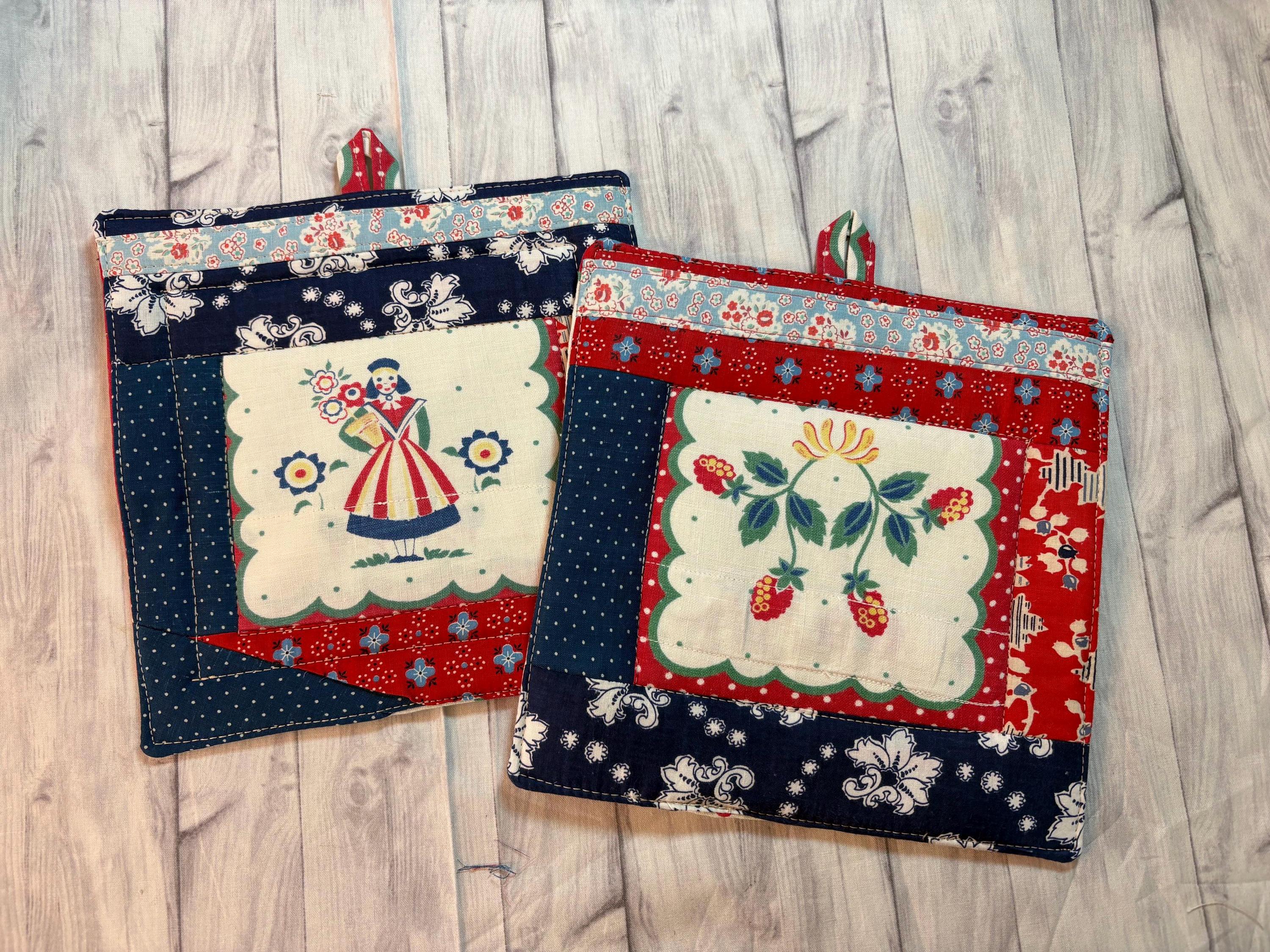 Pair (2) of Vintage upcycled fabric potholders, 8.25” homemade quilted view 2