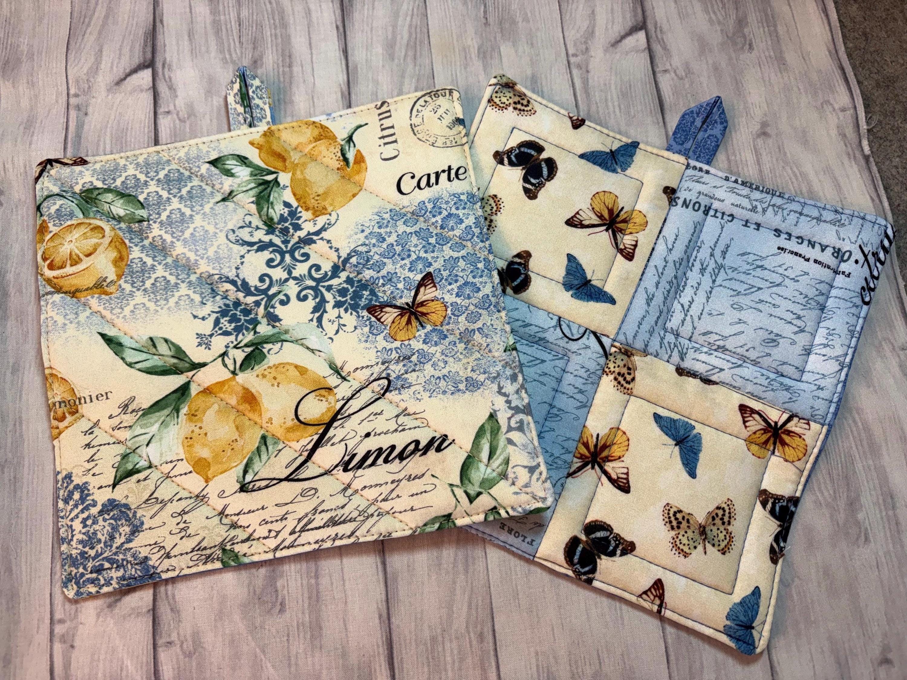 Pair of French Country potholders, 8” homemade quilted lemons butterflies