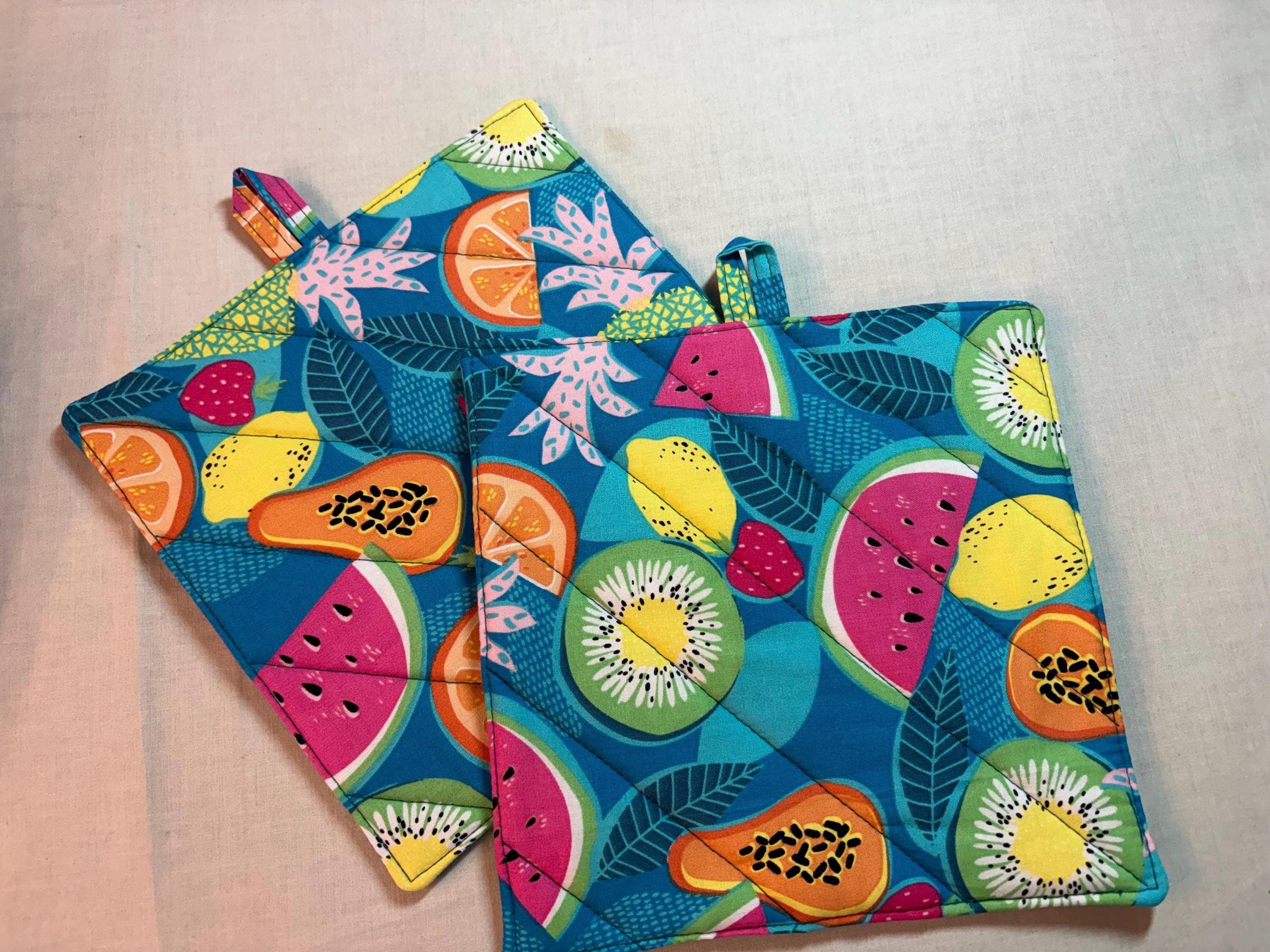 Pair of Tutti Fruiti Watermelon potholders, 8” homemade quilted