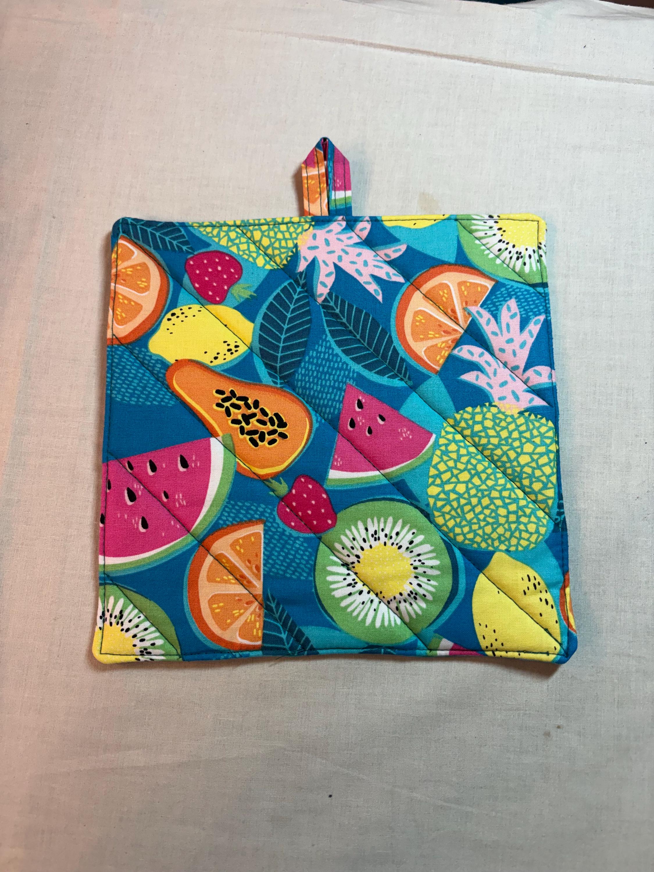 Pair of Tutti Fruiti Watermelon potholders, 8” homemade quilted view 2