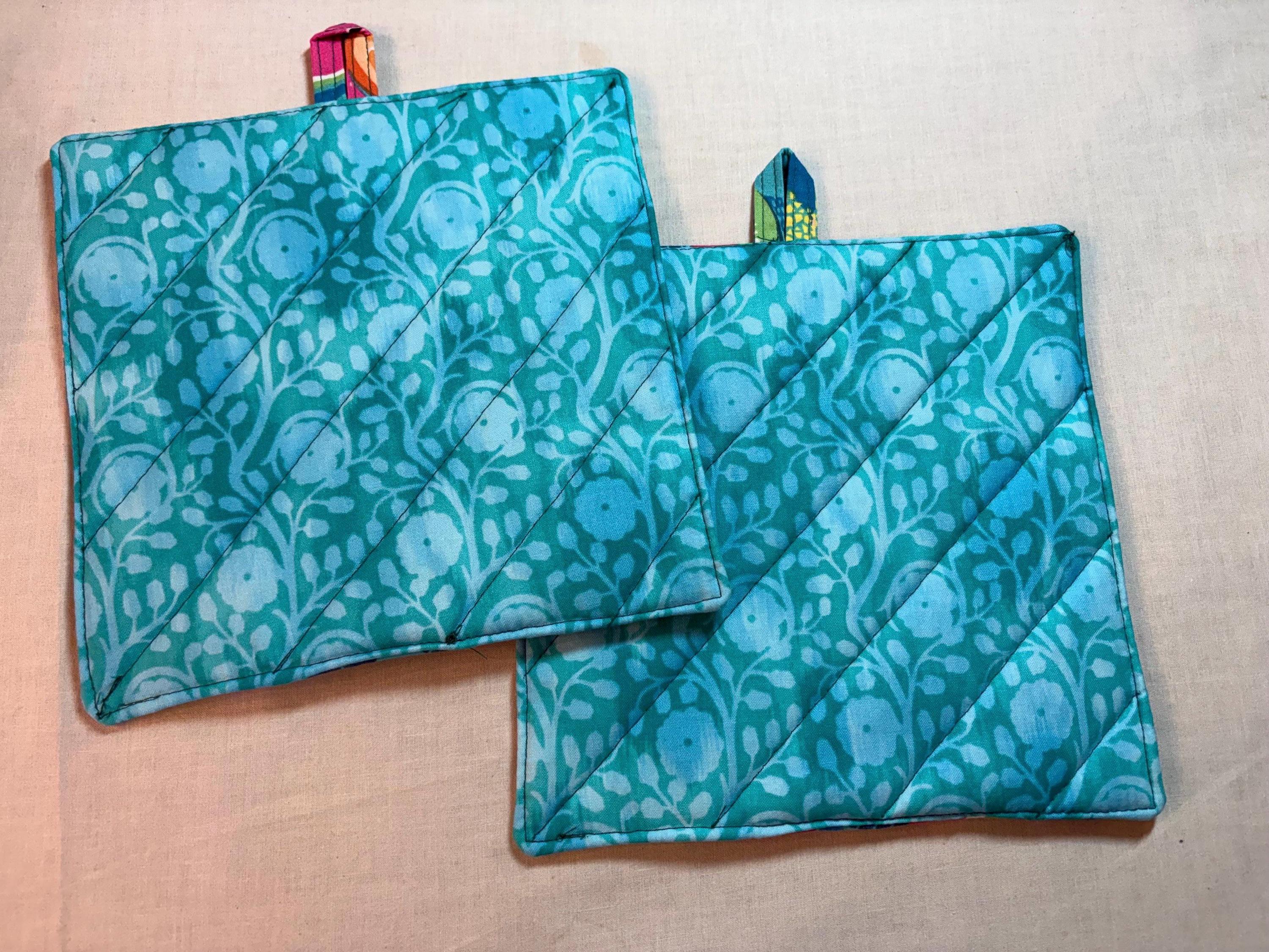 Pair of Tutti Fruiti Watermelon potholders, 8” homemade quilted view 3