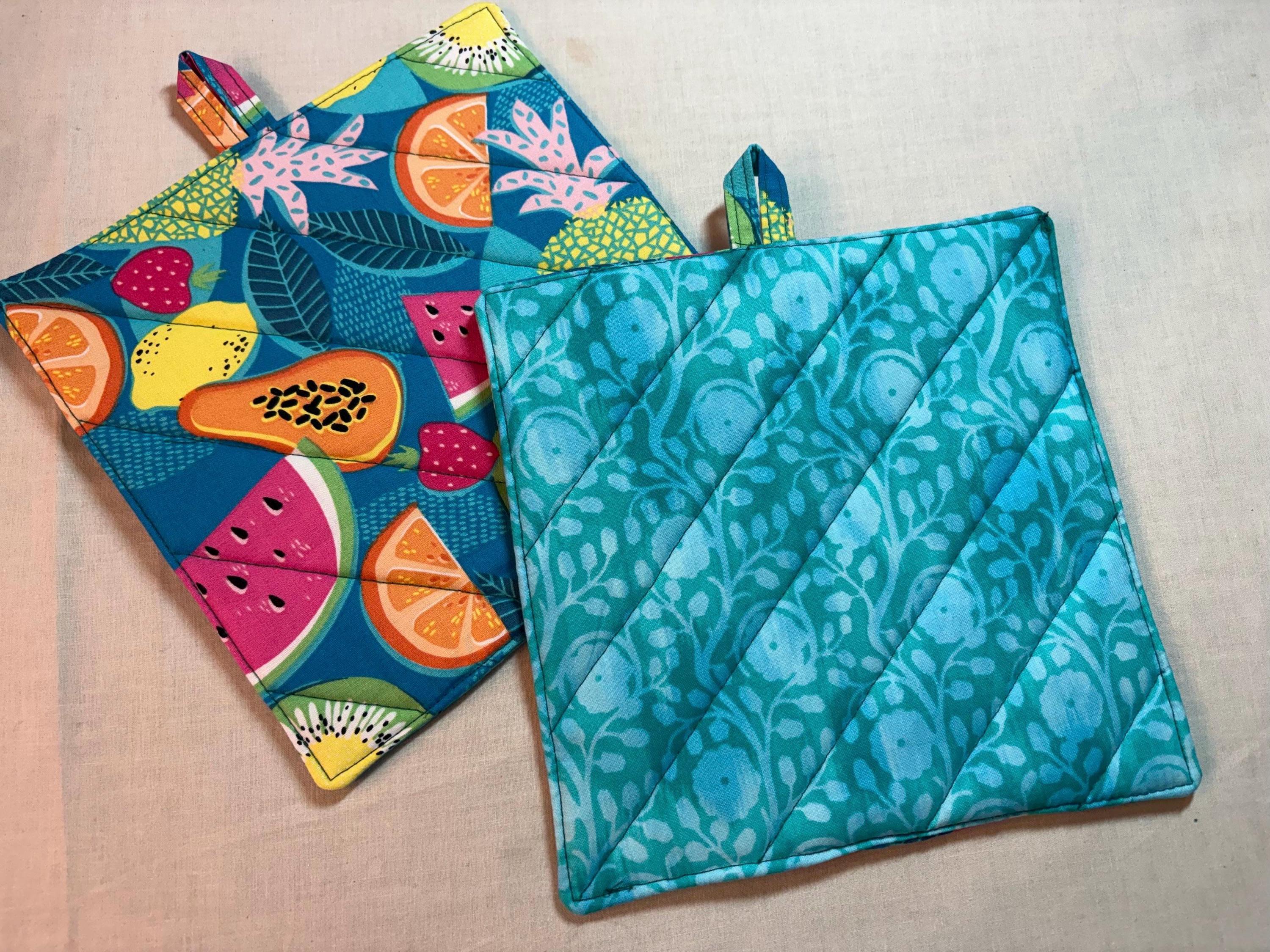 Pair of Tutti Fruiti Watermelon potholders, 8” homemade quilted view 4