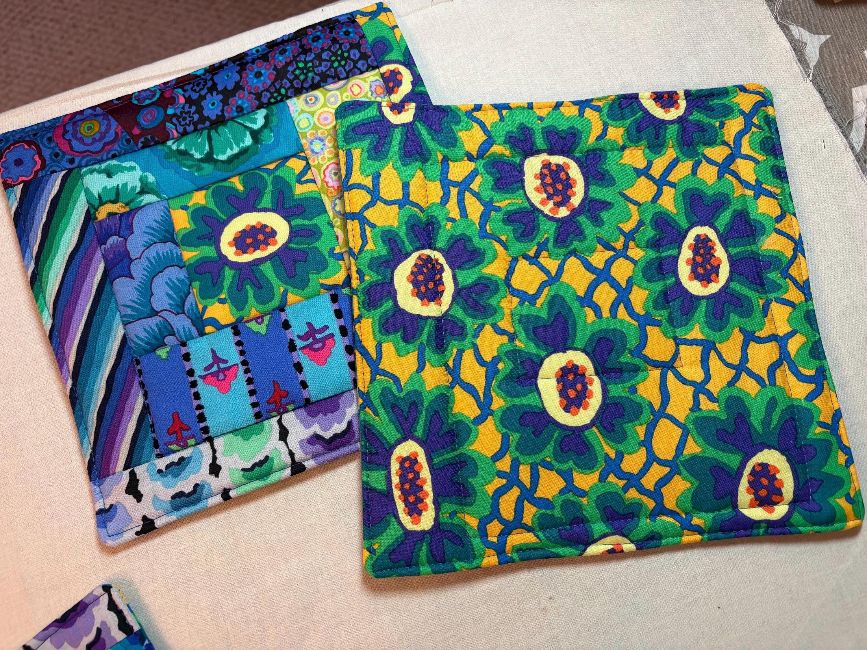 Single scrappy Kaffe potholder or mug rug homemade quilted view 2