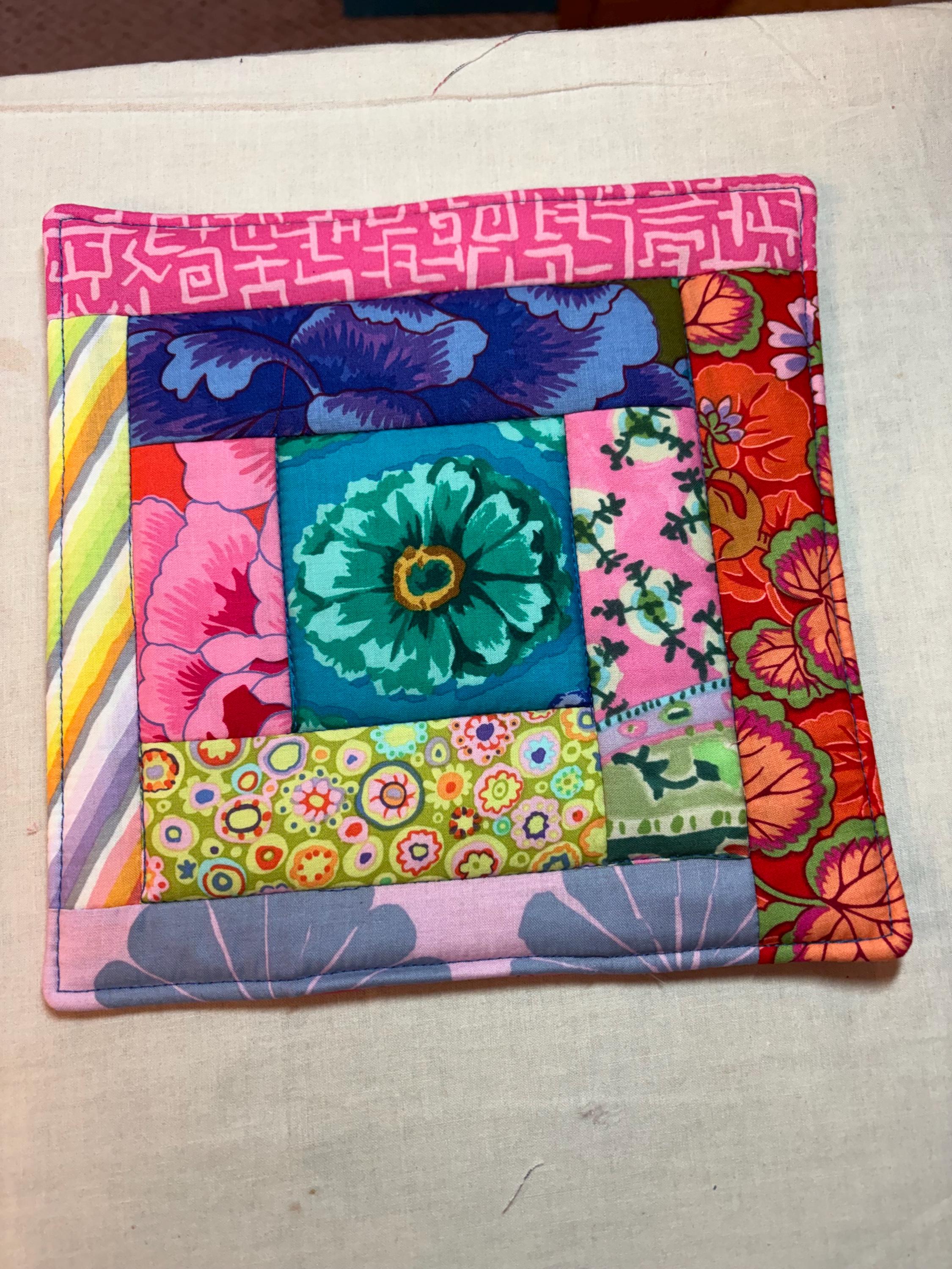 Single scrappy Kaffe potholder or mug rug homemade quilted view 3