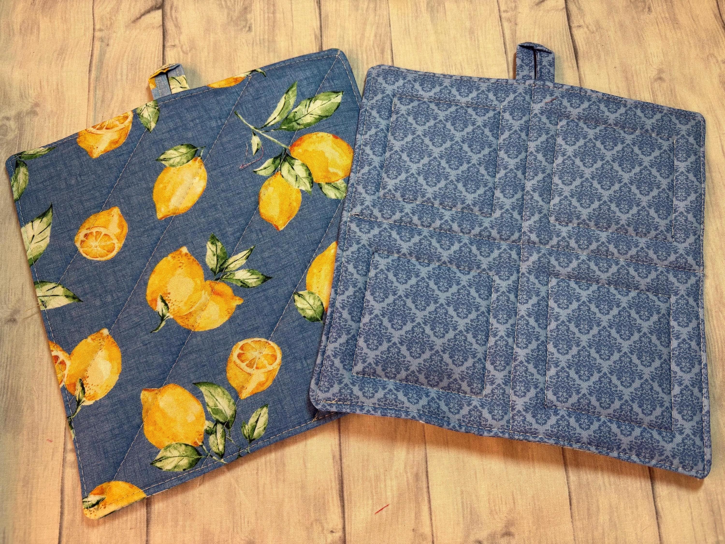 Pair of French Country potholders, 8” homemade quilted lemons butterflies view 2