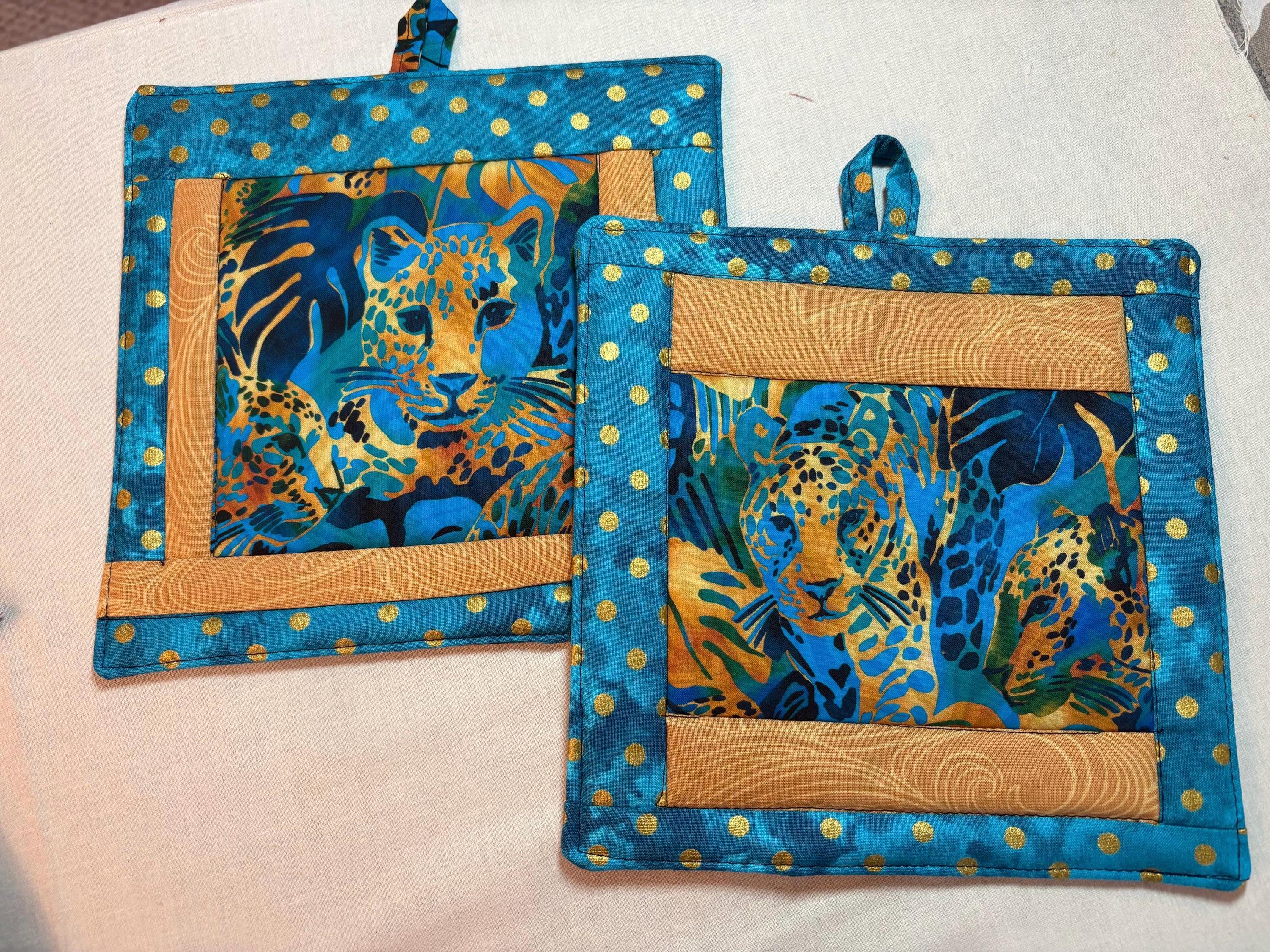 Pair of jungle potholders, 8.25” homemade quilted