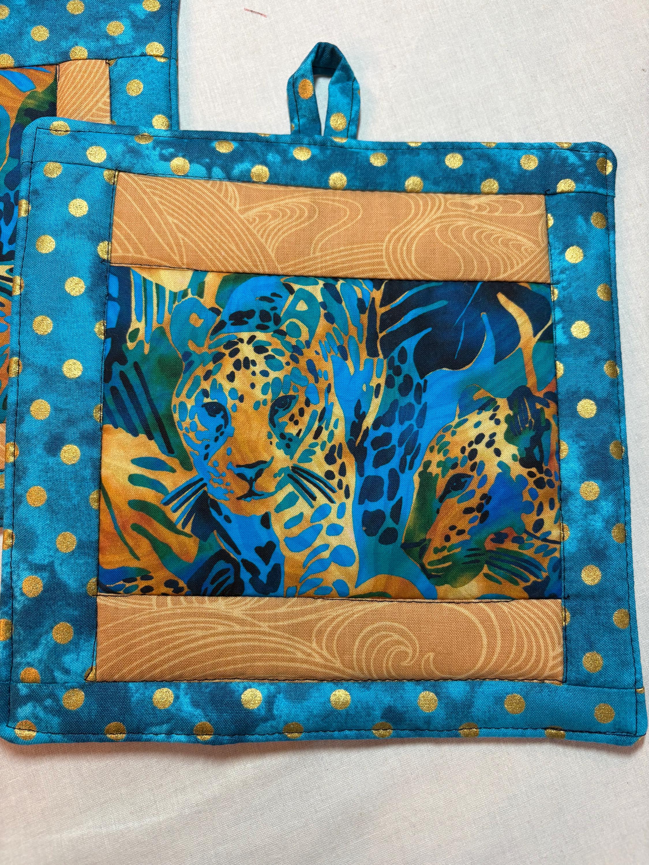 Pair of jungle potholders, 8.25” homemade quilted view 2