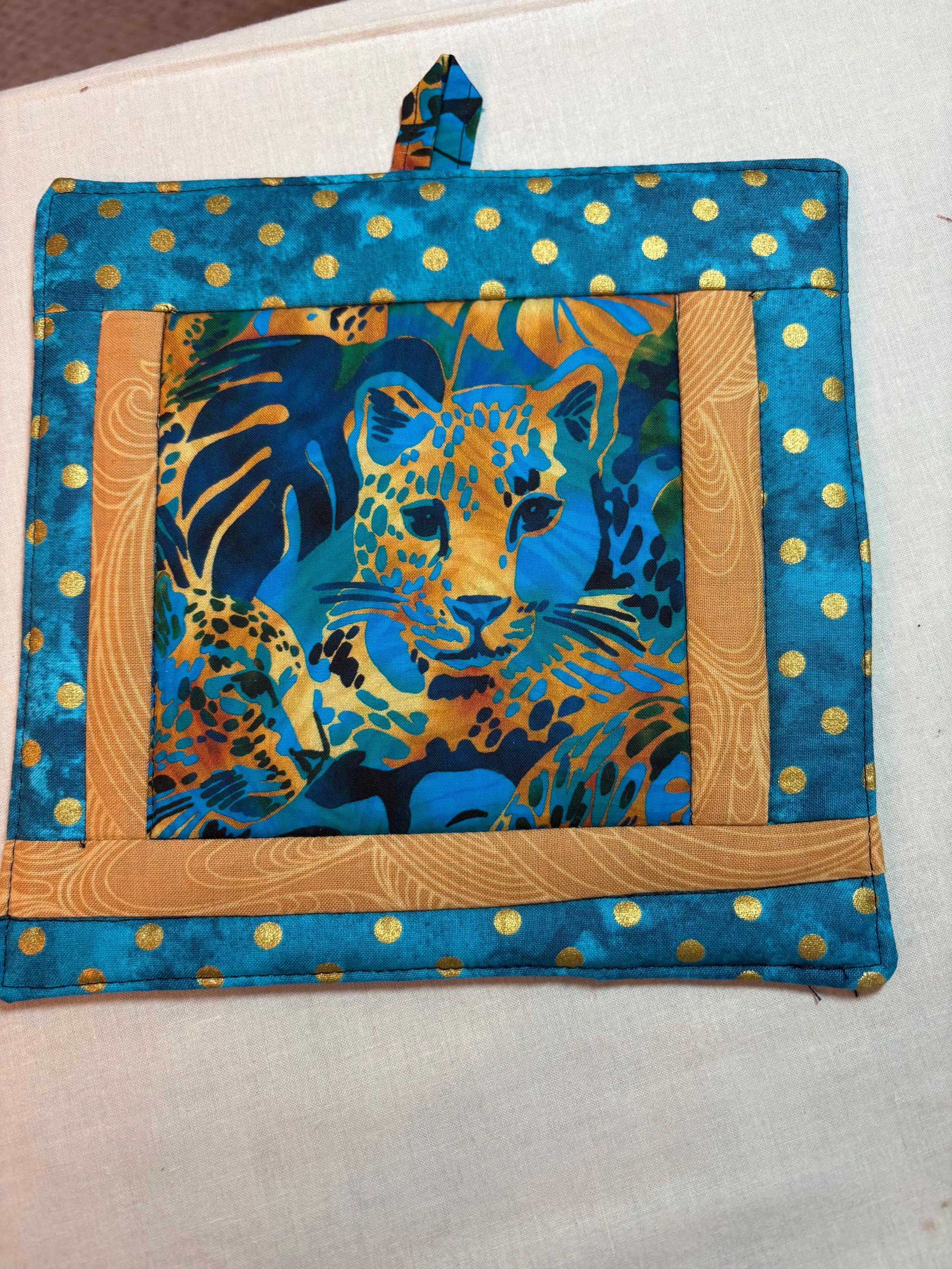 Pair of jungle potholders, 8.25” homemade quilted view 3