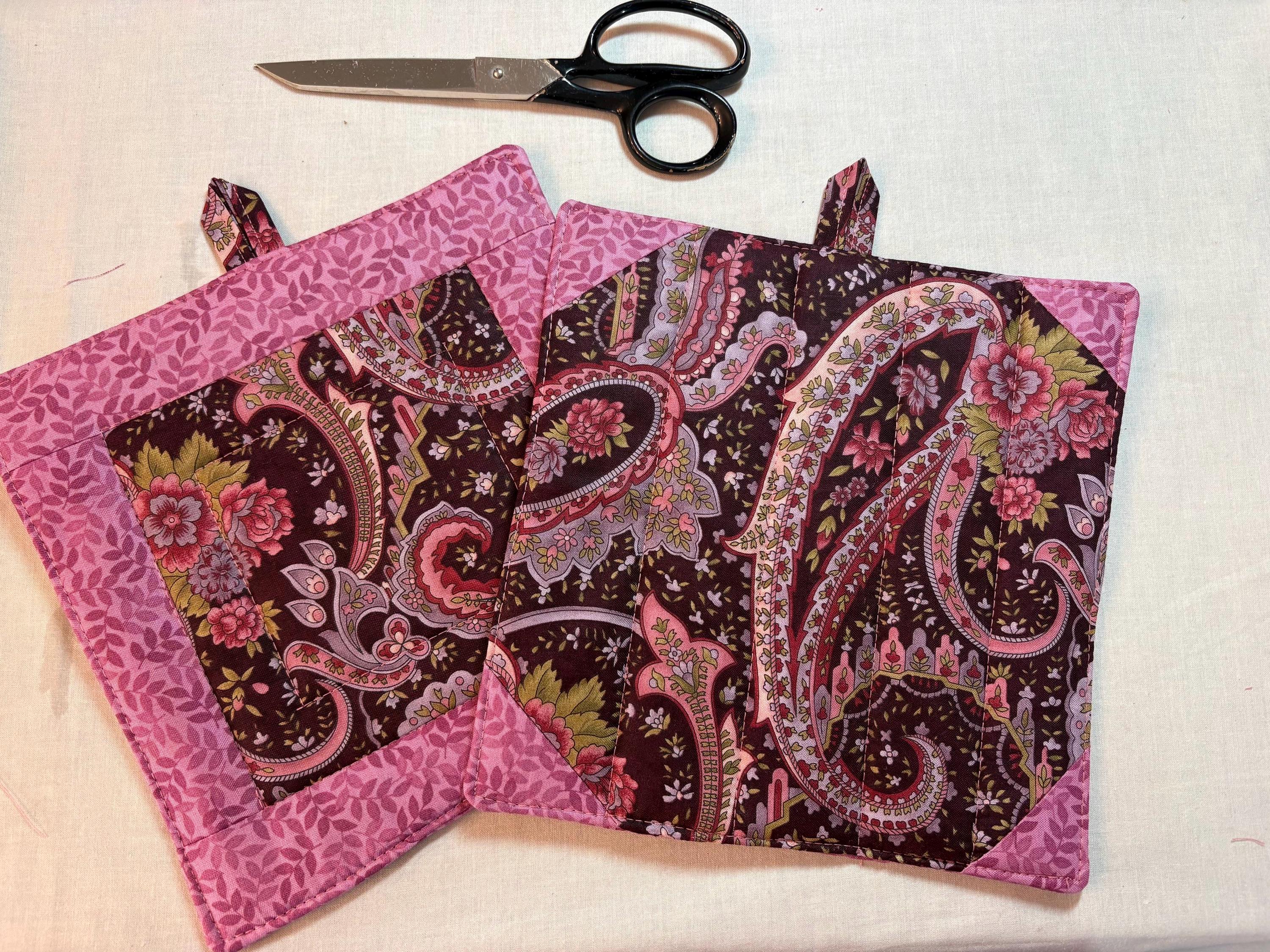 Pair (2) of April Cornell paisley potholders, 8” homemade quilted