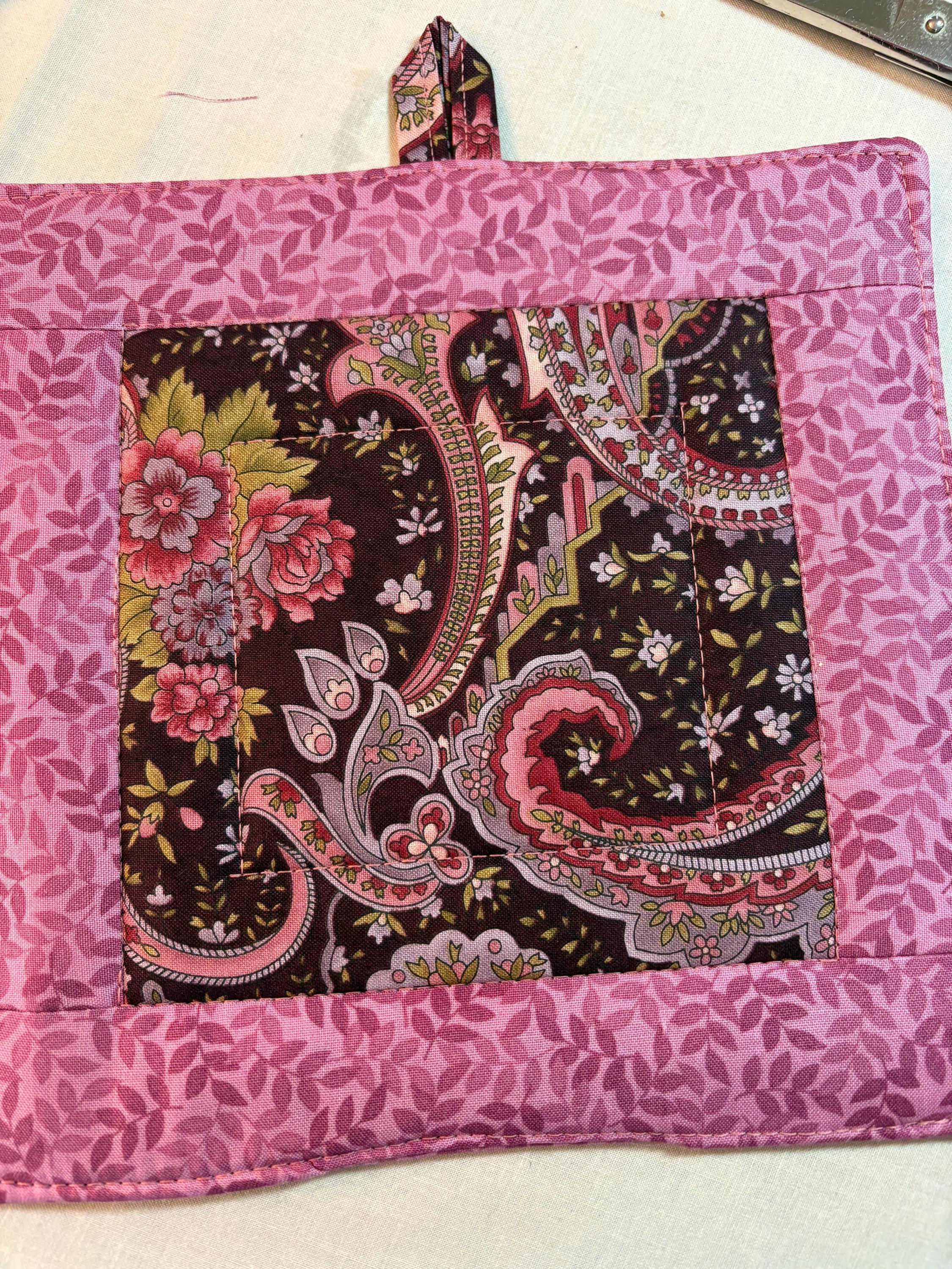 Pair (2) of April Cornell paisley potholders, 8” homemade quilted view 2