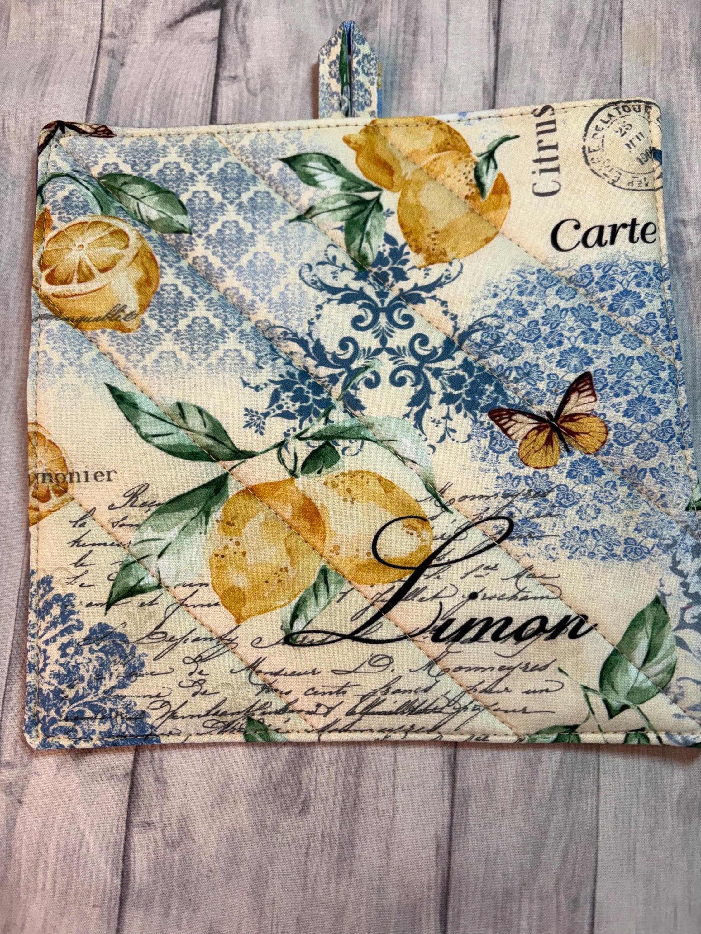 Pair of French Country potholders, 8” homemade quilted lemons butterflies view 3