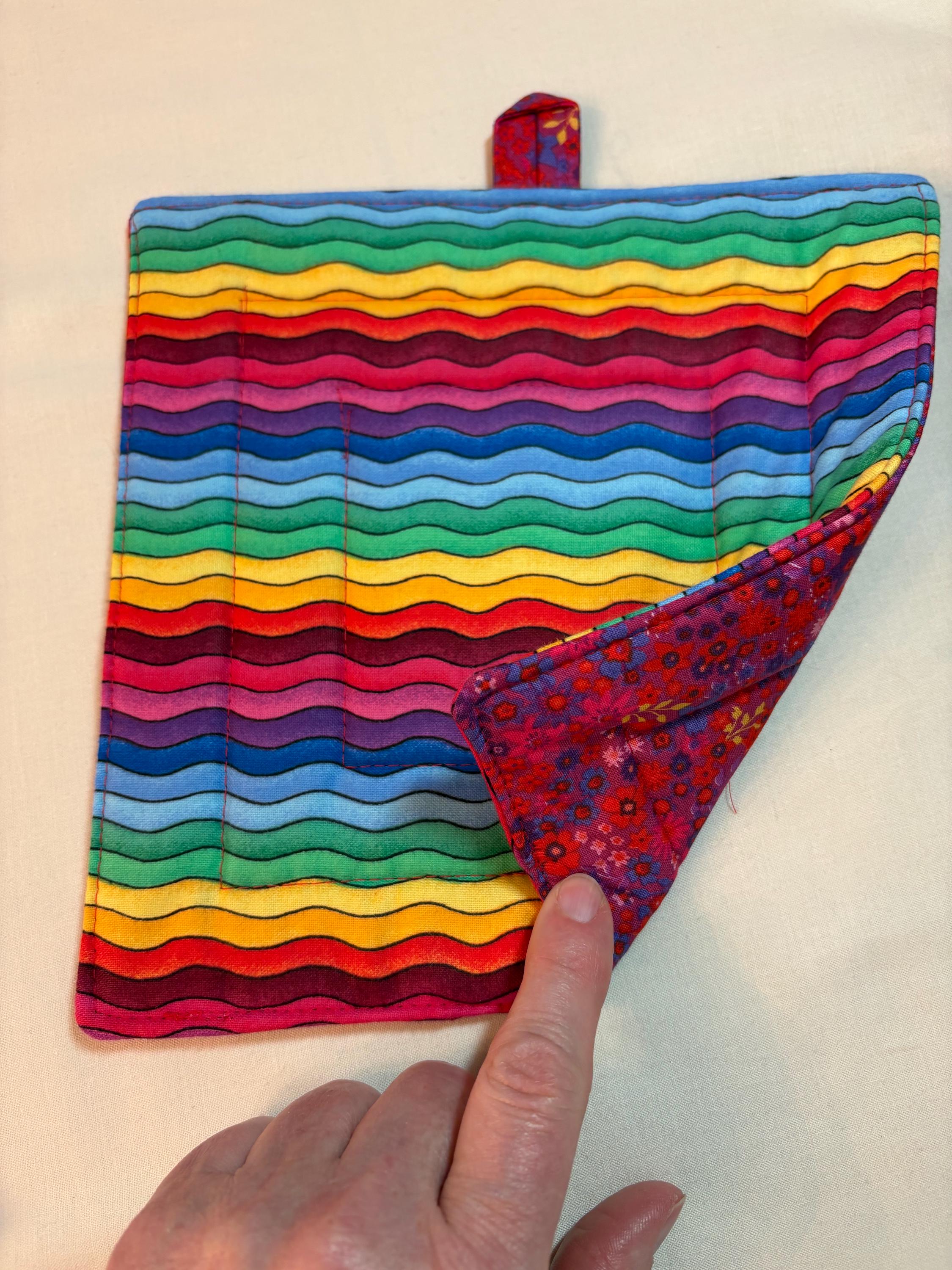 Pair of Rainbow bright potholders, 8” homemade quilted view 2