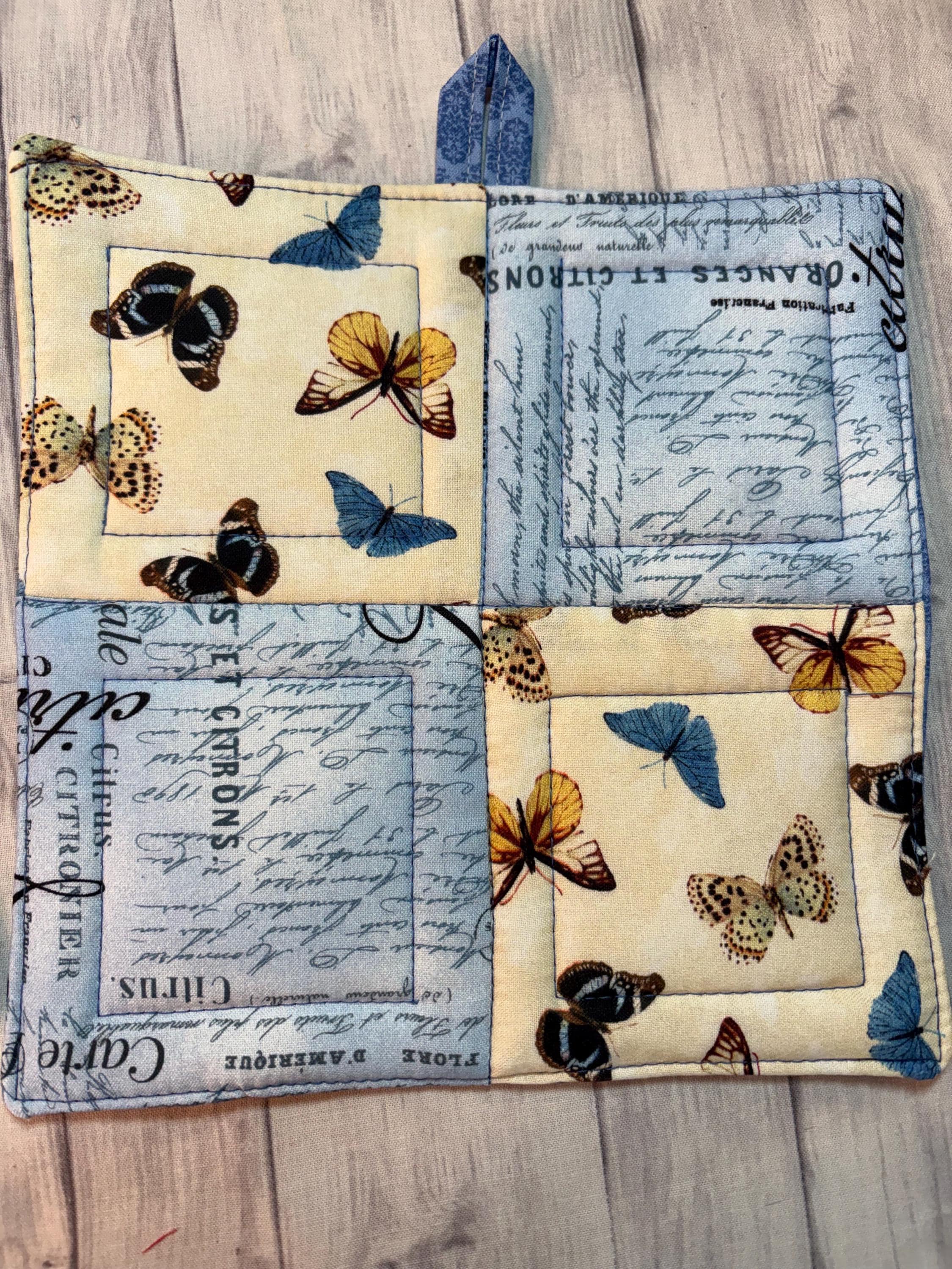 Pair of French Country potholders, 8” homemade quilted lemons butterflies view 4