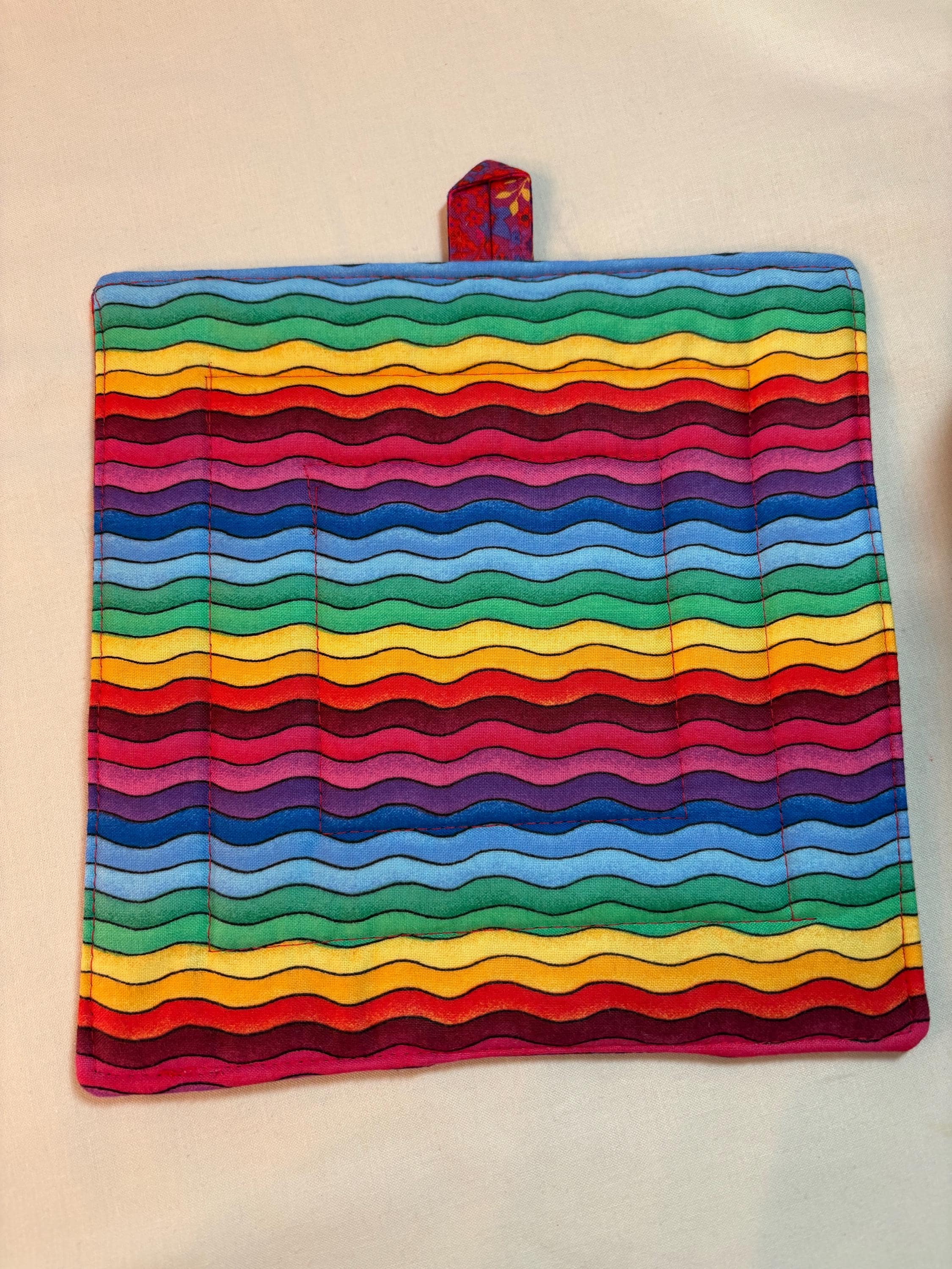 Pair of Rainbow bright potholders, 8” homemade quilted view 3