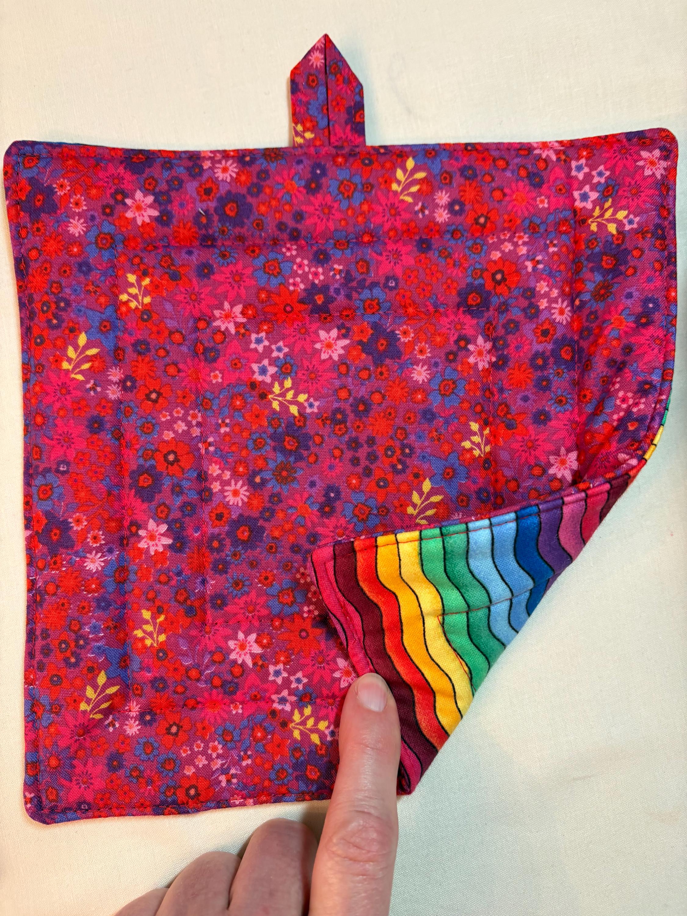 Pair of Rainbow bright potholders, 8” homemade quilted view 4
