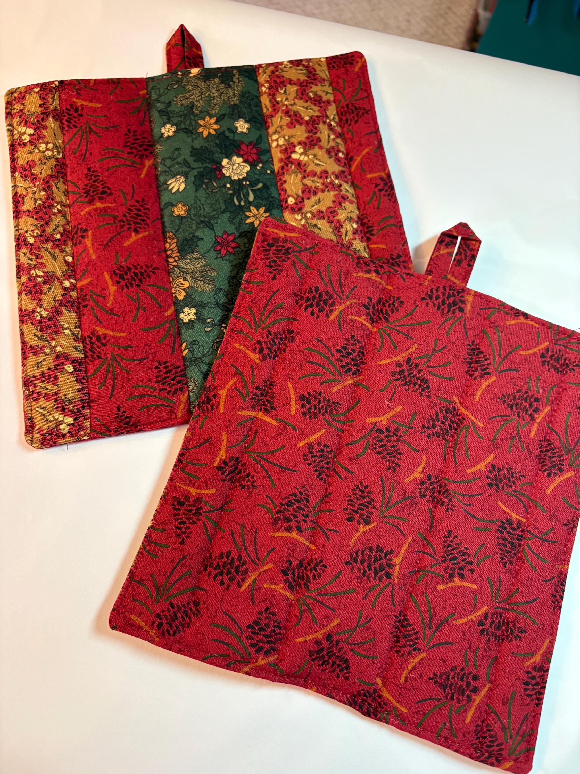 Fall Pinecone fabric Scrappy potholders, 8” homemade quilted Pair (2) view 2
