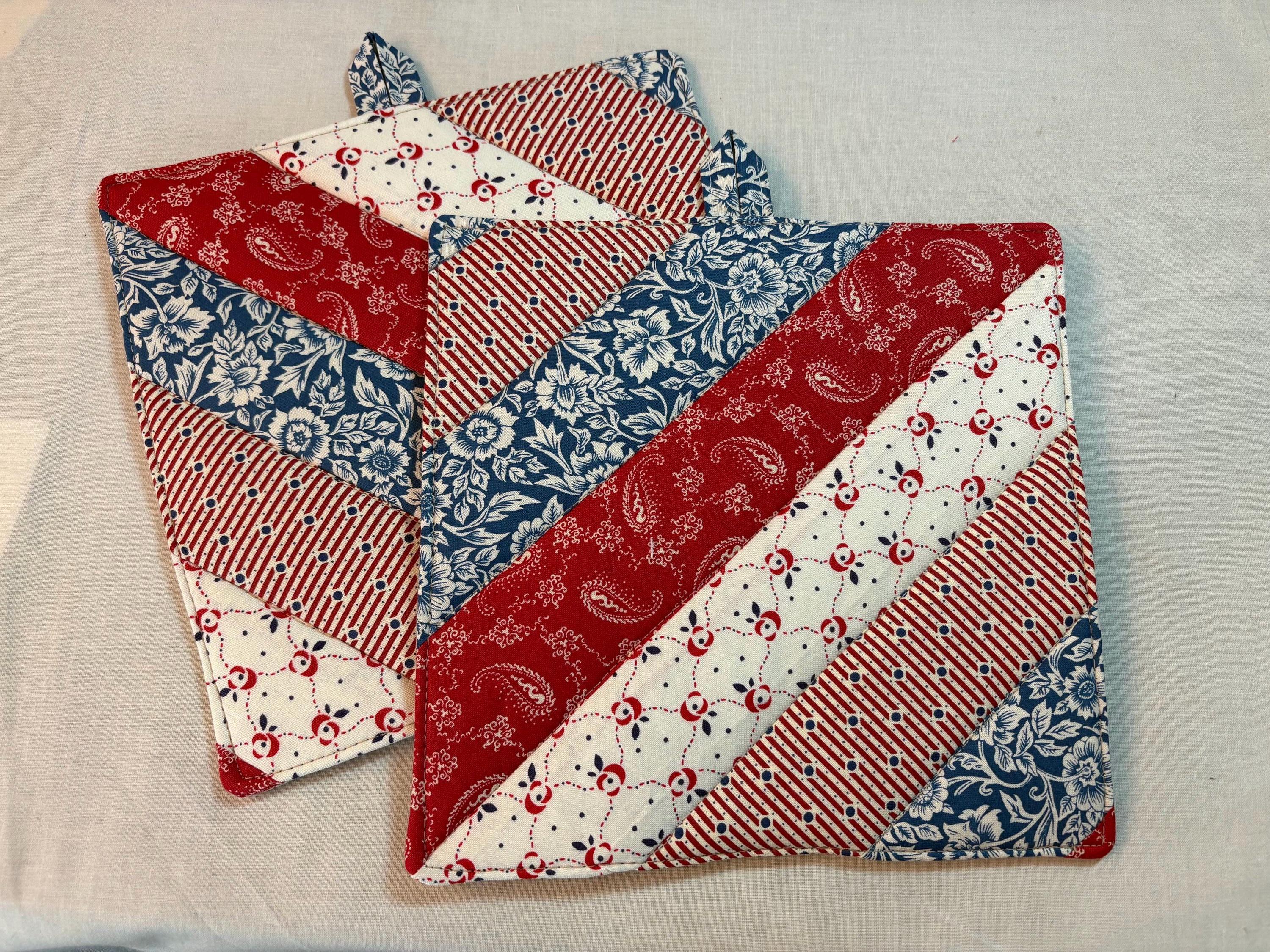 Pair of Patriotic red whit blue potholders, 8” homemade quilted view 2
