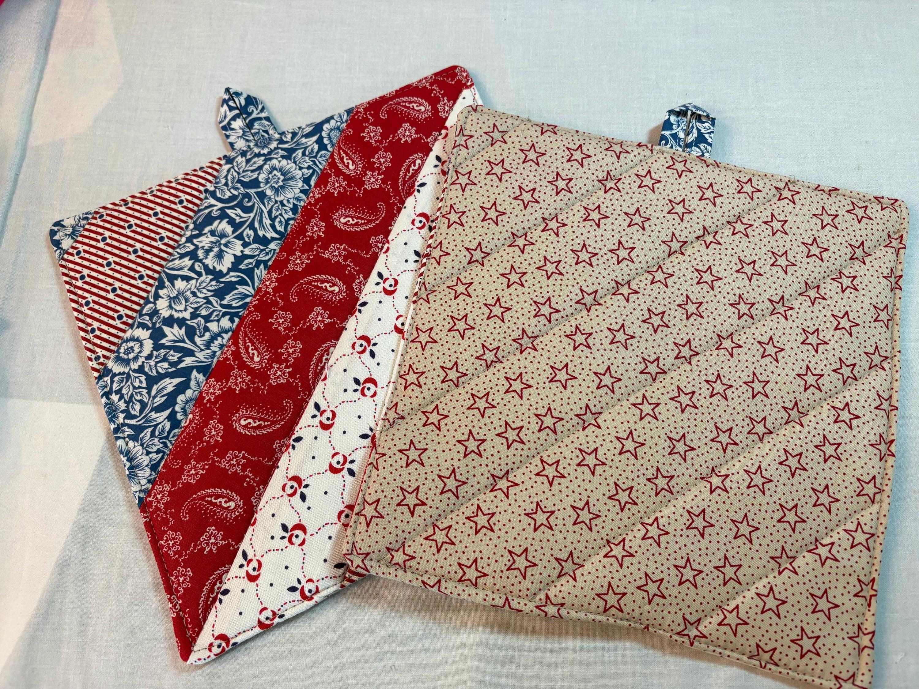 Pair of Patriotic red whit blue potholders, 8” homemade quilted view 3