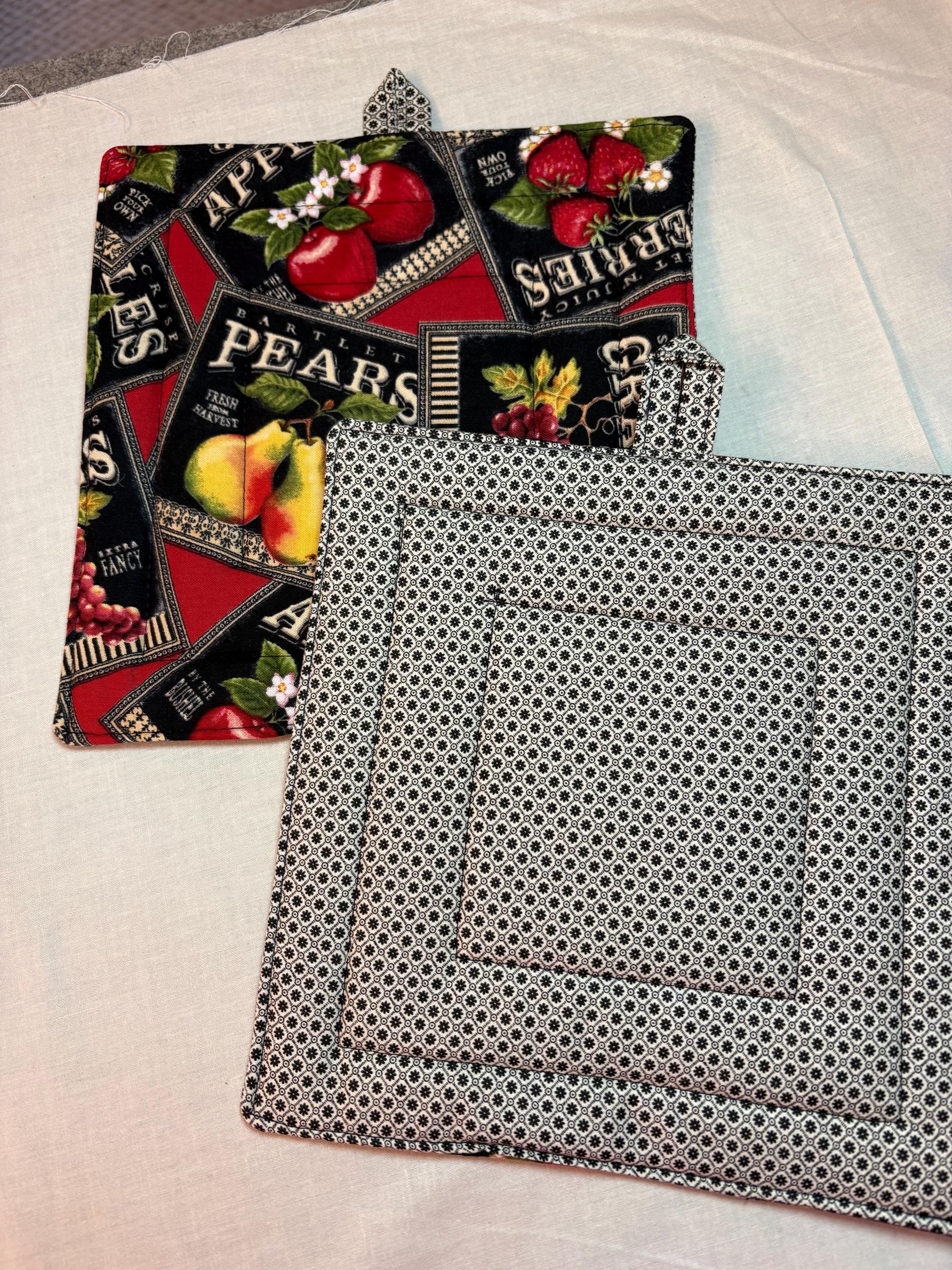 Pair of Vintage Fruit Label potholders, 8.25” homemade quilted view 2