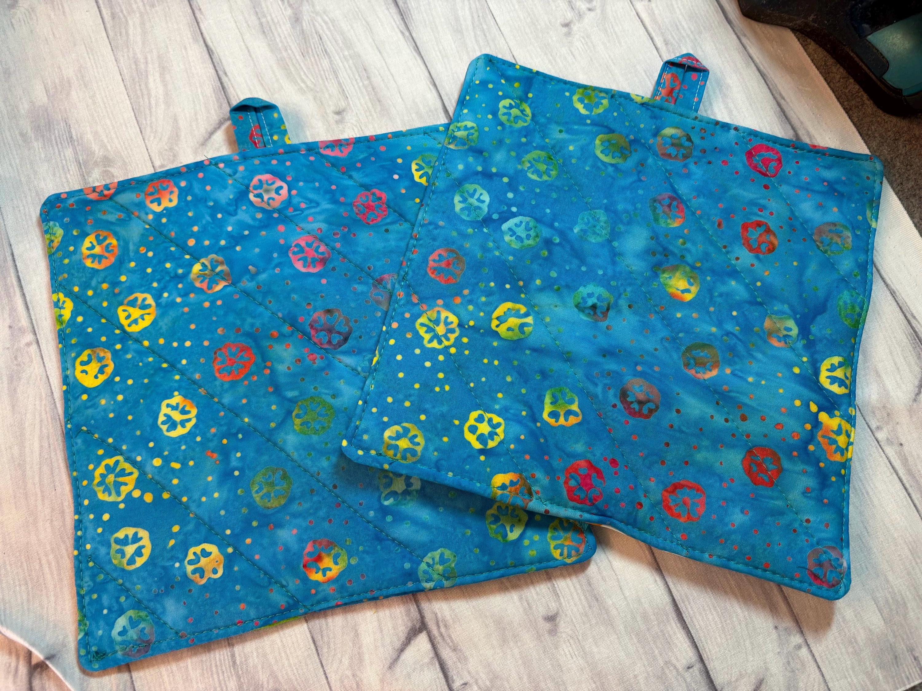 Pair of Rainbow Batik potholders, 8” homemade quilted view 2