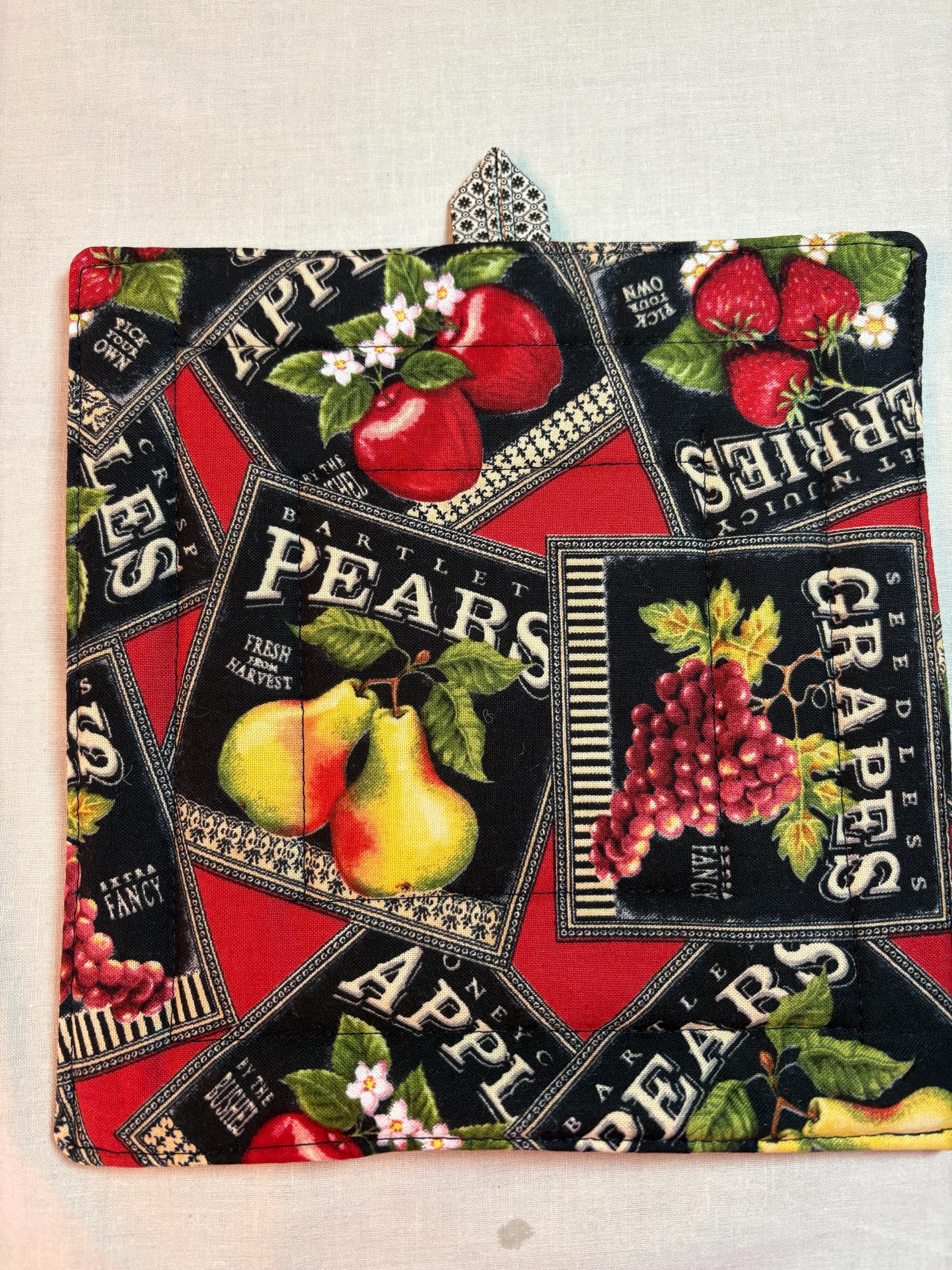 Pair of Vintage Fruit Label potholders, 8.25” homemade quilted view 4