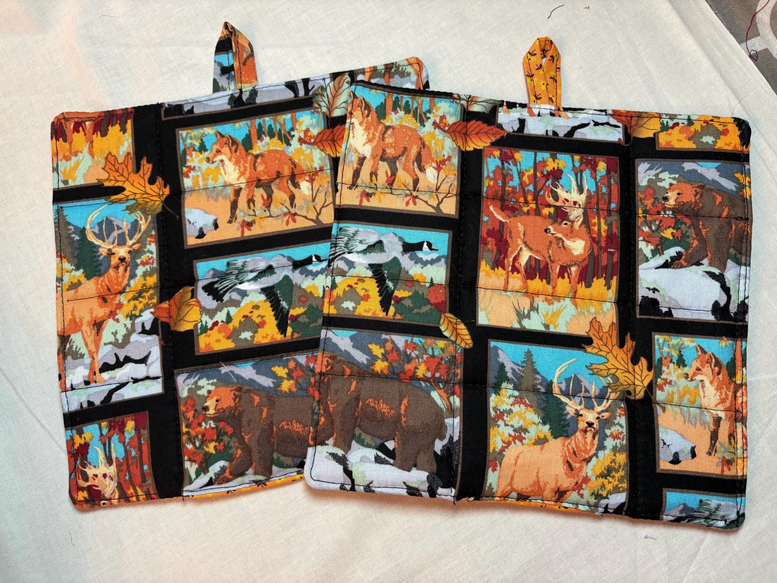 Pair of Wildlife cabin potholders, 7.75” homemade quilted
