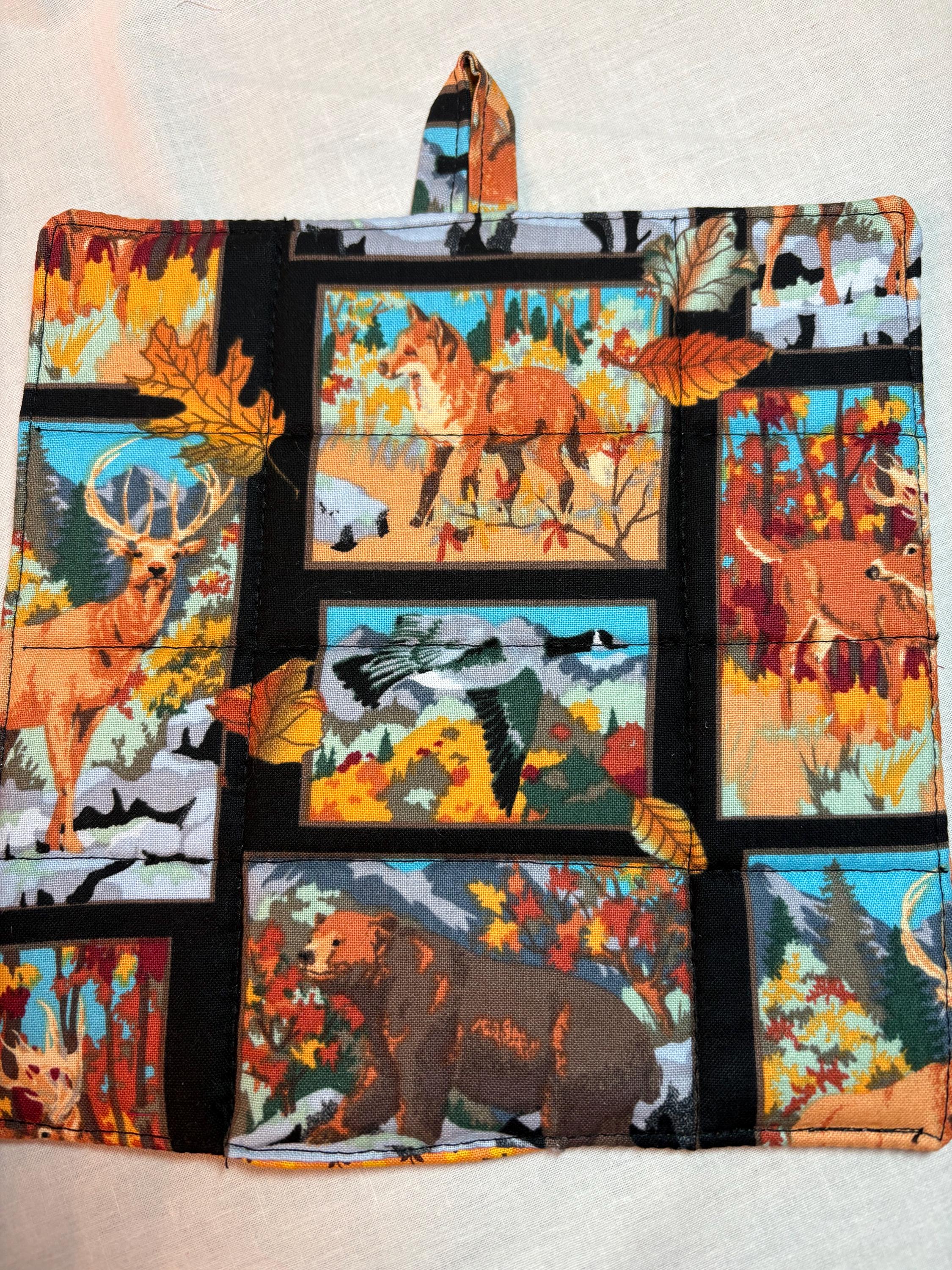 Pair of Wildlife cabin potholders, 7.75” homemade quilted view 3