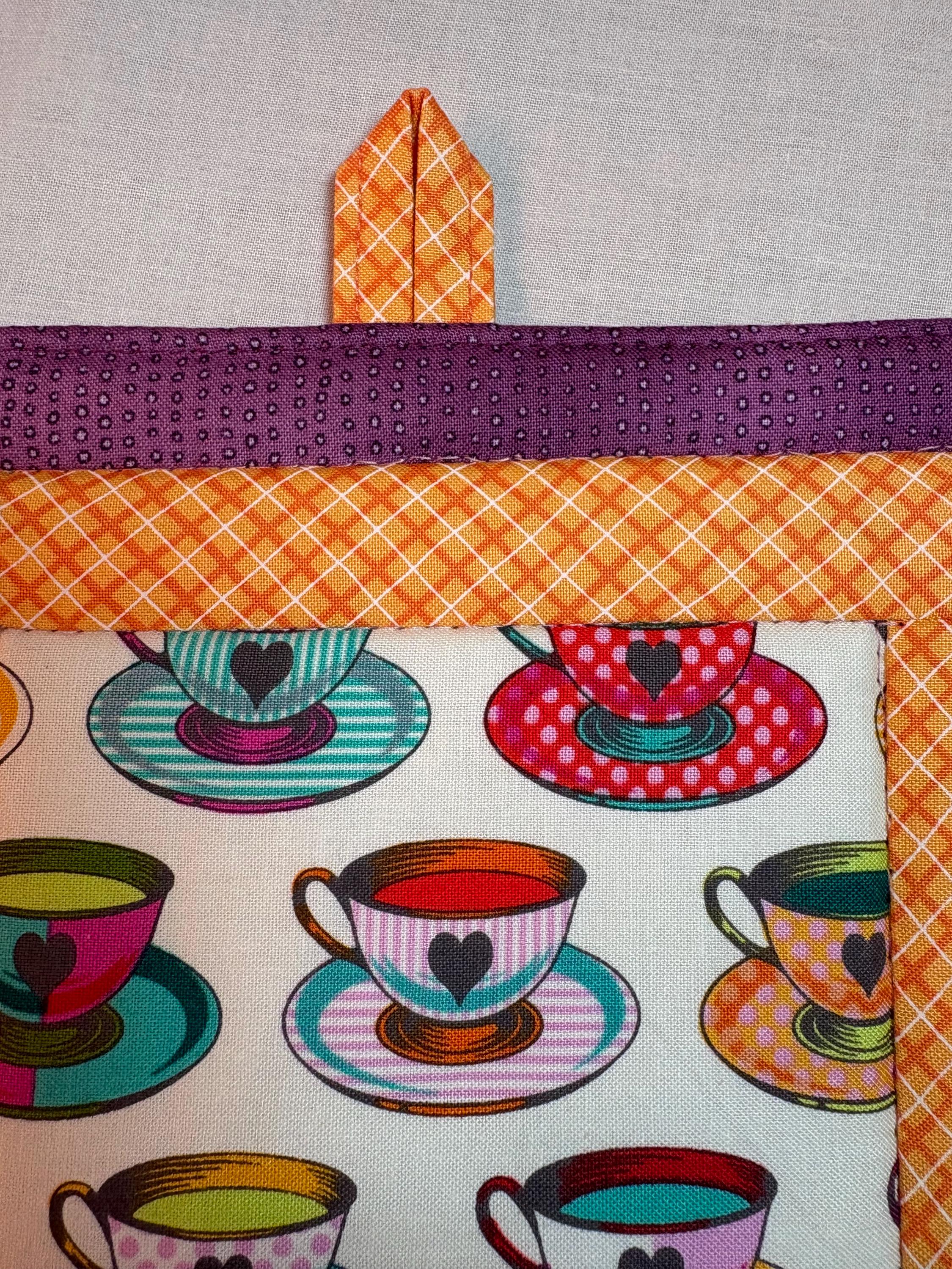 Single Tula Teacups potholder, 8” homemade quilted view 3